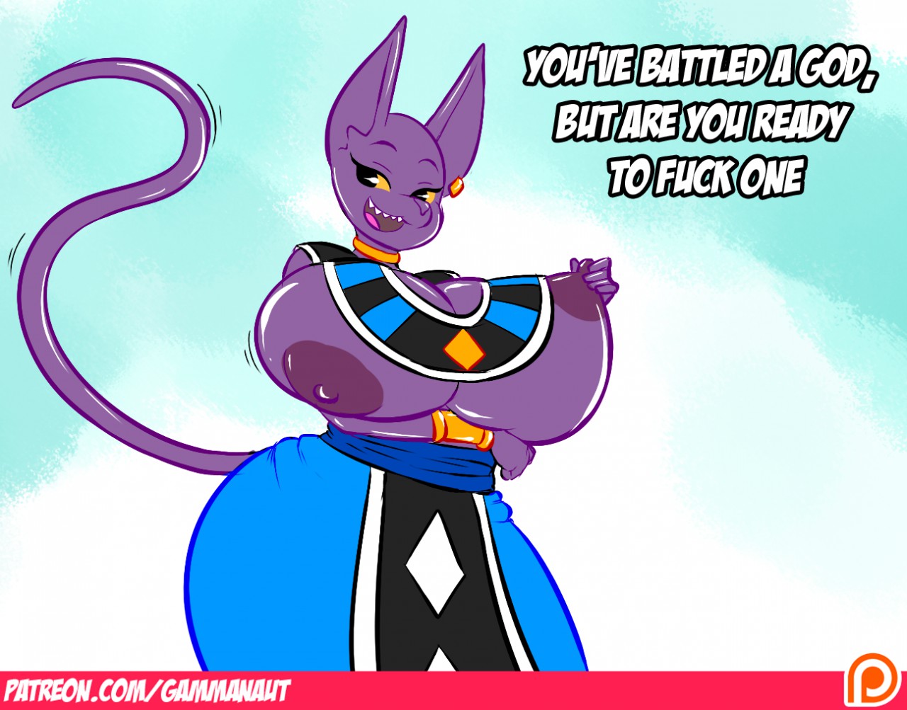 1girls, beerus, big breasts, breasts, cat ears, cat tail, dragon ball, dragon ball super, ear piercing, female, gammanaut, genderswap, goddess, gold jewelry, nipple pinch, purple skin, rule 63, sharp teeth, tail, uncensored, yellow eyes