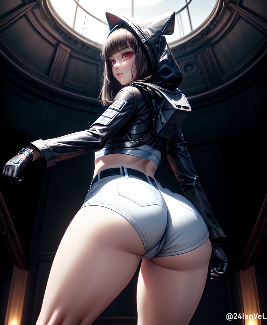 ai_generated animal_hood ass ass_focus black_hair d_(nikke) female from_behind gloves goddess_of_victory:_nikke hood huge_ass looking_at_viewer looking_back red_eyes shiny shiny_clothes shiny_hair shiny_skin short_hair short_shorts shorts smile solo