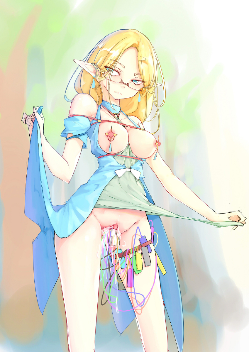 blonde_hair blue_eyes breasts clitoris elf female forced_orgasm glasses highres kearful long_hair nipple_piercing nipples original piercing pointy_ears pussy solo uncensored vibrator