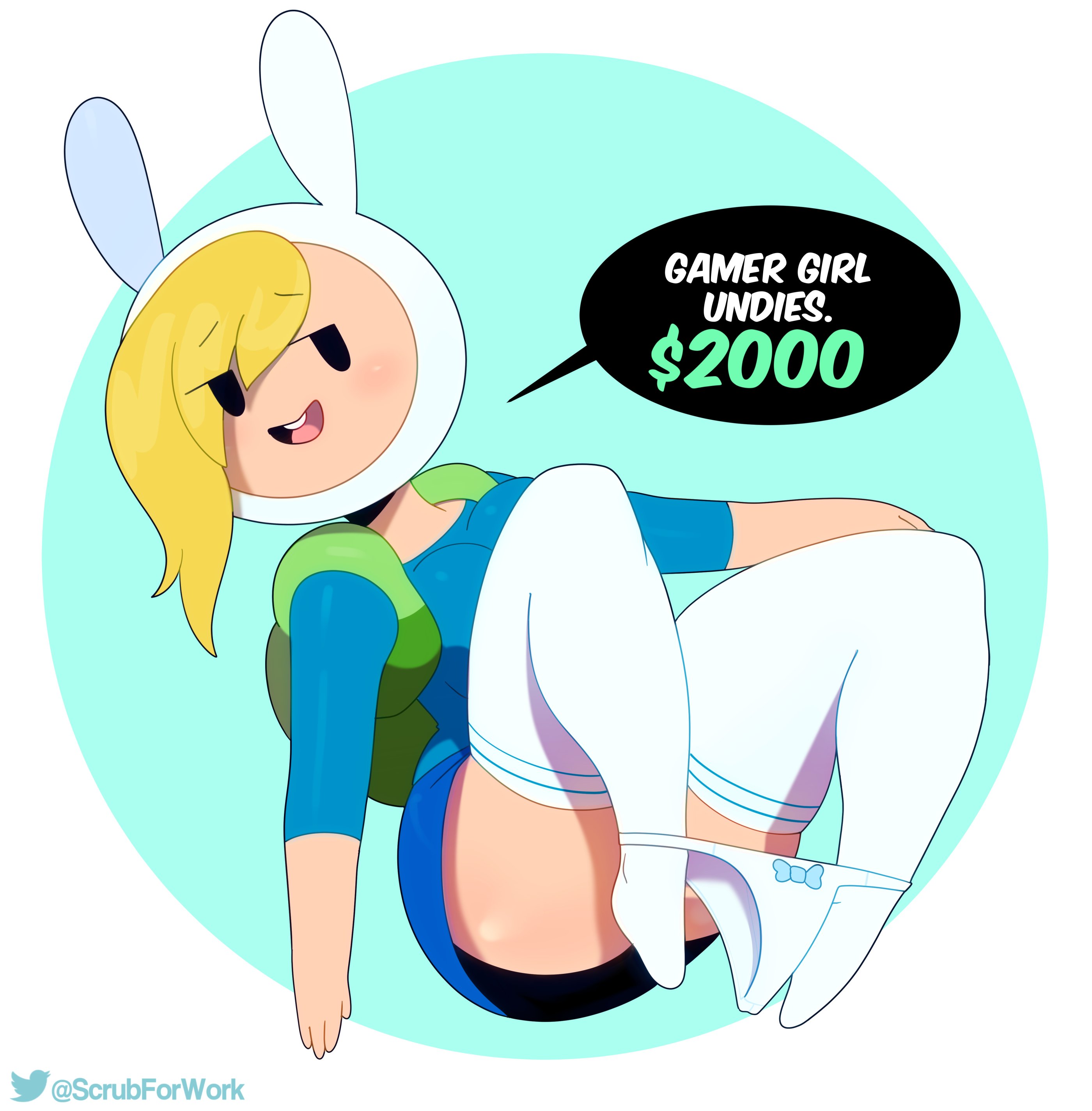 1girls, 2020, adventure girls, adventure time, artist name, backpack, blonde hair, blush, bottomless, bottomless skirt, cartoon network, covering pussy, dialogue, dollar sign, eyes visible through hair, female, female focus, female only, fionna the human girl, hat, highres, human, legs, miniskirt, mob face, no panties, no shoes, open mouth, panties, panties around ankles, pussy, ribbon, skirt, socks, somescrub, speech bubble, teasing, teeth, text, thick thighs, thighhighs, thighs, twitter username, underwear, undressing, upskirt