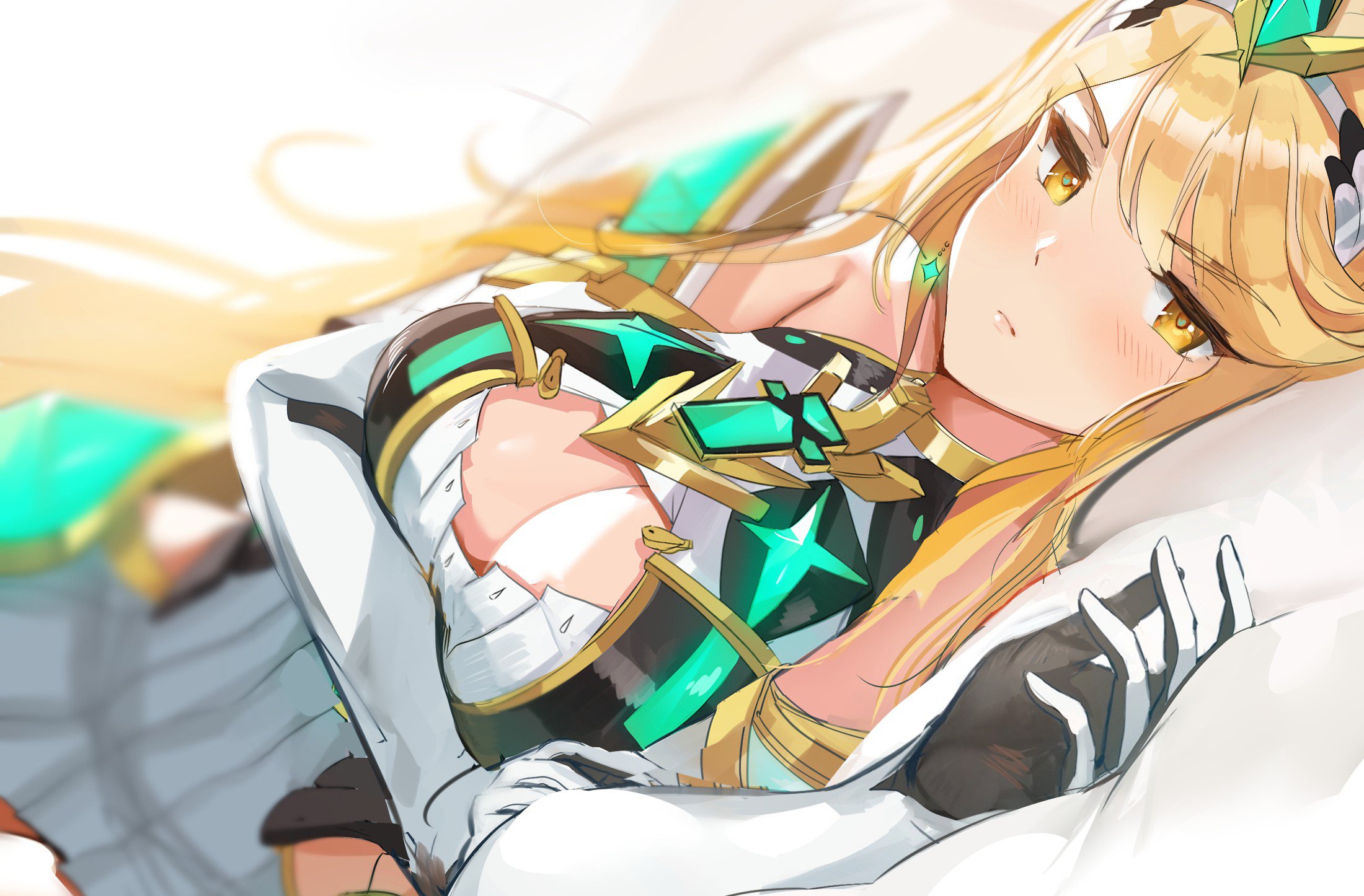 1girls, bangs, blonde hair, blurry, blurry background, blush, blushing, blushing at viewer, breasts, circlet, cleavage, cleavage cutout, closed mouth, depth of field, dress, earrings, elbow gloves, eyebrows visible through hair, female, female only, gloves, highres, hikari (xenoblade 2), jewelry, lips, long hair, looking at viewer, lying, mythra, nintendo, on side, ormille, pouty lips, short dress, solo, swept bangs, white dress, white gloves, xenoblade (series), xenoblade chronicles 2, yellow eyes