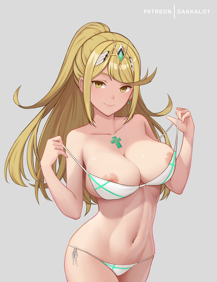 1girls areola_slip areolae bangs bare_hips bare_shoulders bikini blonde_hair blush breasts cleavage closed_mouth collarbone cowboy_shot dakkalot earrings female female_only gem groin high_ponytail hikari_(xenoblade_2) jewelry large_breasts long_hair looking_at_viewer mythra navel nintendo nipple_slip nipples pulled_by_self ribbon side-tie_bikini sidelocks smile solo stomach strap_pull swept_bangs swimsuit tiara toned very_long_hair white_bikini white_ribbon xenoblade_(series) xenoblade_chronicles_2 yellow_eyes