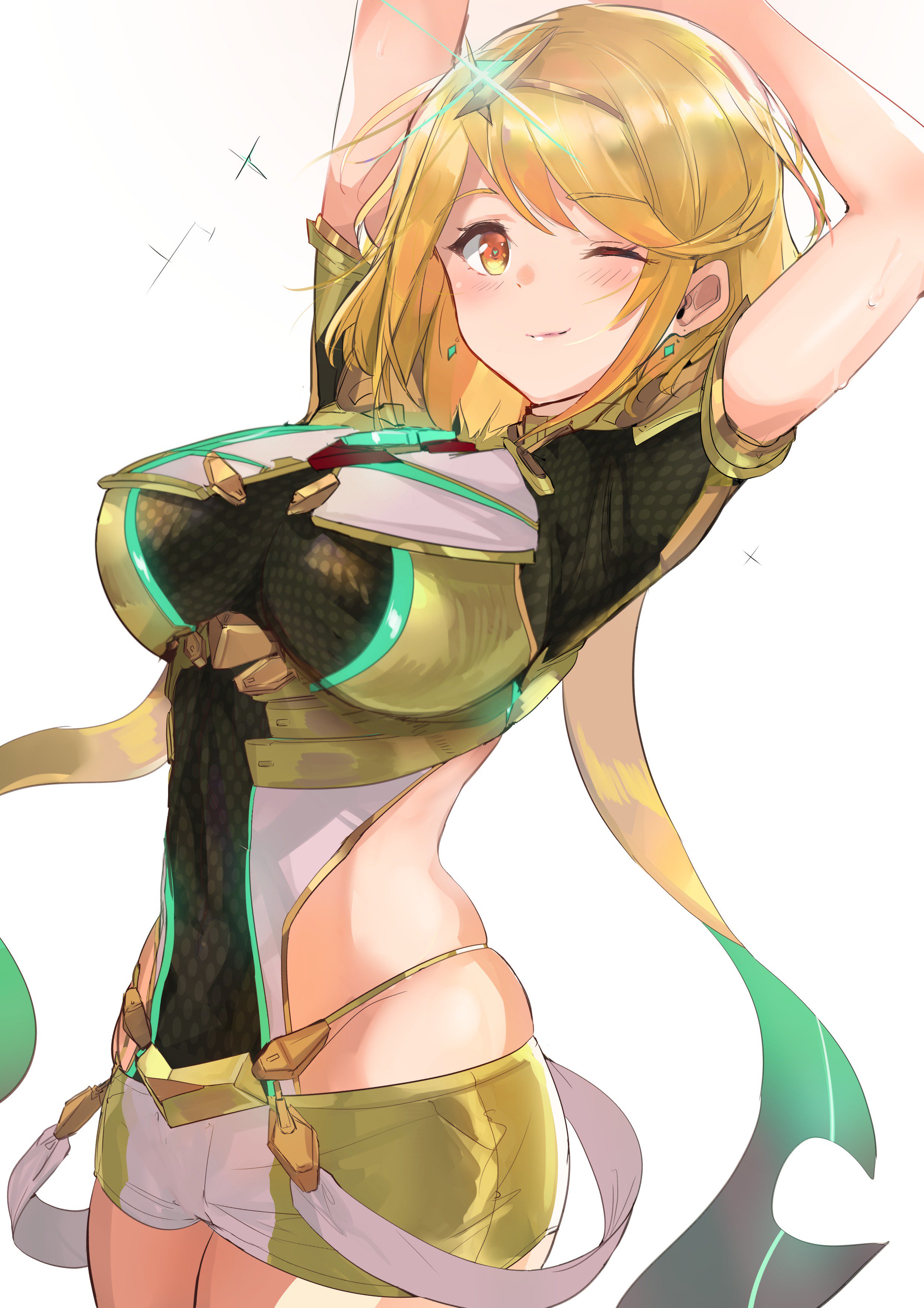 1girls, absurdres, alternate hair color, arms up, bangs, black background, blonde hair, blush, breasts, closed mouth, commentary request, covered navel, earrings, eyebrows visible through hair, female, female only, glowing, groin, hair between eyes, headpiece, highres, jewelry, large breasts, looking at viewer, mythra (cosplay), nintendo, one eye closed, orange eyes, ormille, pyra, short hair, shorts, simple background, skindentation, smile, solo, standing, swept bangs, tiara, xenoblade (series), xenoblade chronicles 2, yellow shorts