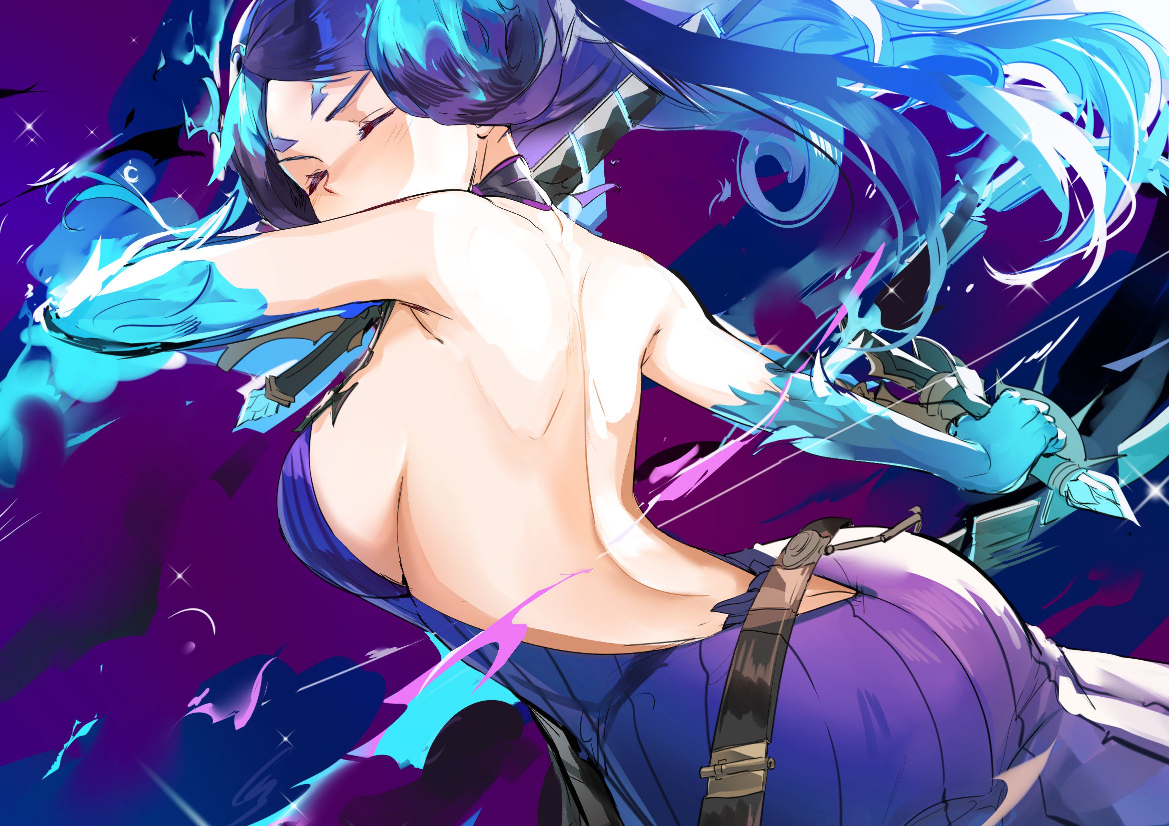 1girls, ass, ass cleavage, ass crack, backless dress, backless outfit, bare back, bare shoulders, belt, blue fire, breasts, brighid (xenoblade), butt crack, closed eyes, collarbone, dress, dual wielding, facing viewer, female, fire, gloves, highres, holding, large breasts, long hair, looking at viewer, nintendo, ormille, purple hair, shoulder blades, sideboob, simple background, solo, sword, weapon, xenoblade (series), xenoblade chronicles 2