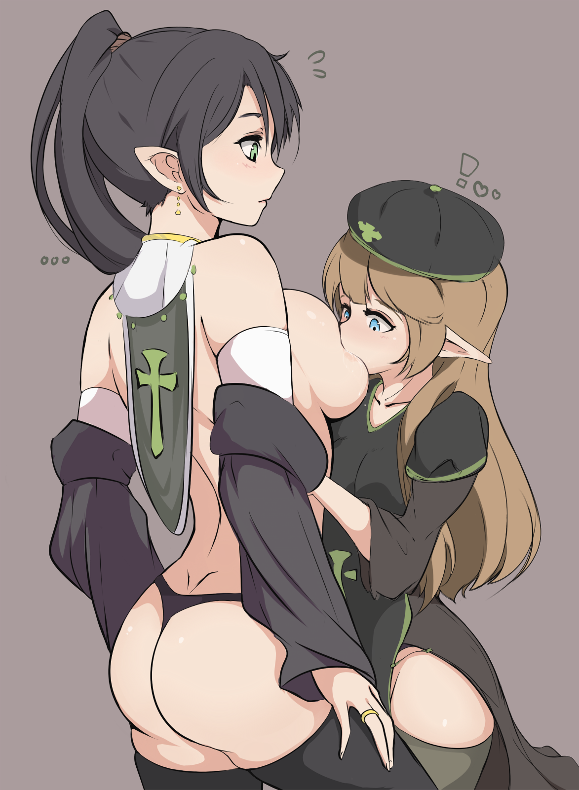 2girls, ass, blonde hair, blush, breast sucking, breasts, brown hair, elf, elf ears, female, large breasts, long hair, multiple females, multiple girls, original, original character, pointy ears, size difference, skimpy clothes, thong, yuri