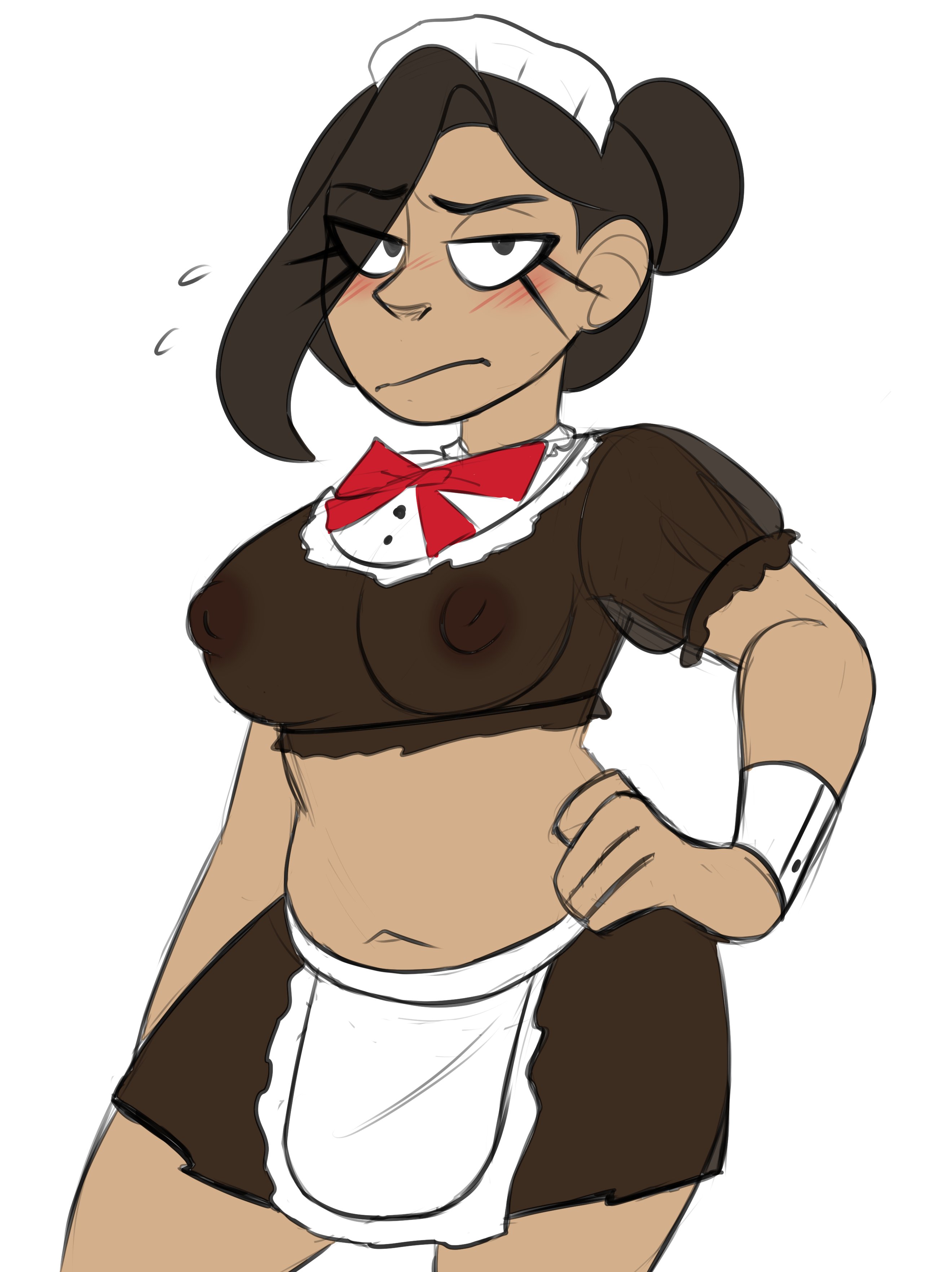 1girls, areola, areolae, artist self-insert, black eyes, black hair, blush, blushing, bow, bracelet, breasts, crop top, embarrassed, eyebrows visible through hair, eyelashes, female, female only, hair bun, hair over one eye, hairbun, highres, latina, lizielewddle, lizielewddle (character), looking at viewer, maid, maid headdress, maid outfit, maid uniform, medium breasts, navel, nipples, nipples visible through clothing, no bra, original, peonypetals, red bow, red ribbon, ribbon, see-through, see-through clothing, see-through top, skirt, slightly chubby, solo, standing, white background