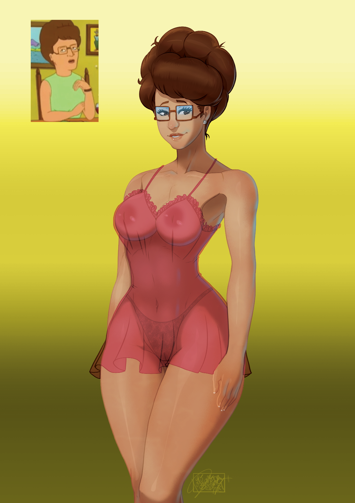1girls, beauty mark, breasts, brown hair, comparison, ear piercing, earring, earrings, eyelashes, female, glasses, hips, king of the hill, milf, mole, mole above mouth, mother, negligee, nightgown, nipples, no bra, panties, peggy hill, piercing, piercings, see-through, see-through clothing, tovio rogers, voluptuous, wide hips