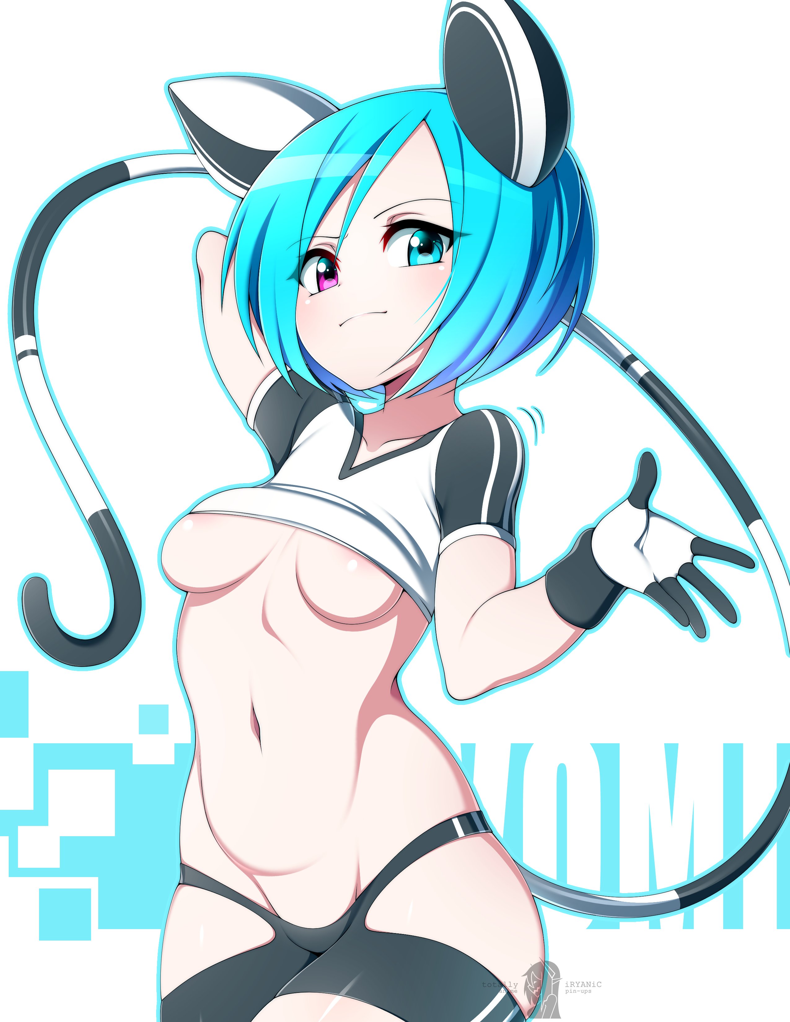 1girls, blue eyes, blue hair, breasts, cat ears, female, female only, gloves, heterochromia, iryanic, looking at viewer, original, original character, partially visible nipples, pink eyes, shirt, short hair, slugbox, tail, vomi agogo, watermark