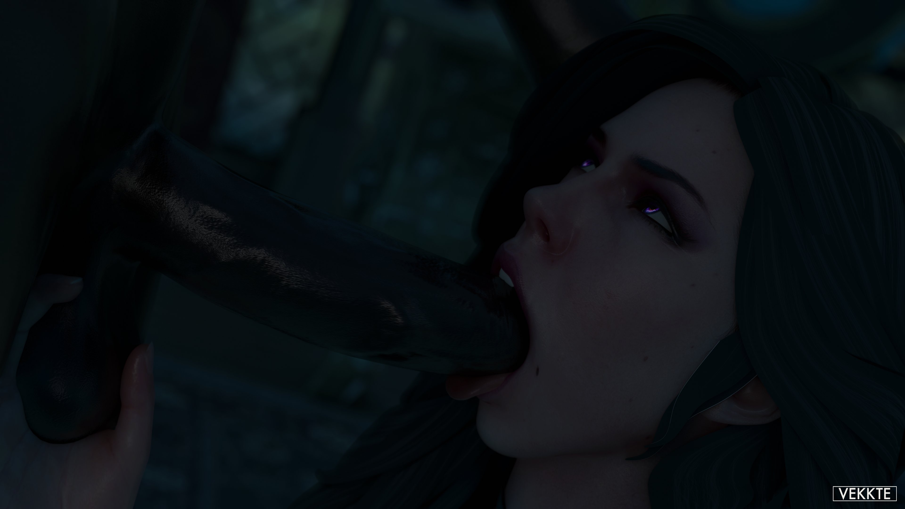 1boy, 1girls, 3d, 4k, absurdres, big penis, blender, blowjob, cd projekt red, dark skin, dark-skinned male, erection, fellatio, female, highres, interracial, light skin, male, oral, penis, straight, the witcher (series), the witcher 3: wild hunt, vekkte, village folk, yennefer