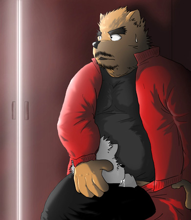 2009 anthro black_nose bodily_fluids bottomwear brown_body brown_fur canid canine canis clothing cum cum_on_hand domestic_dog duo fur genital_fluids grey_body grey_fur hasukichi humanoid_hands kemono low_res male male/male mammal oral overweight overweight_male pants shirt sweat topwear ursid