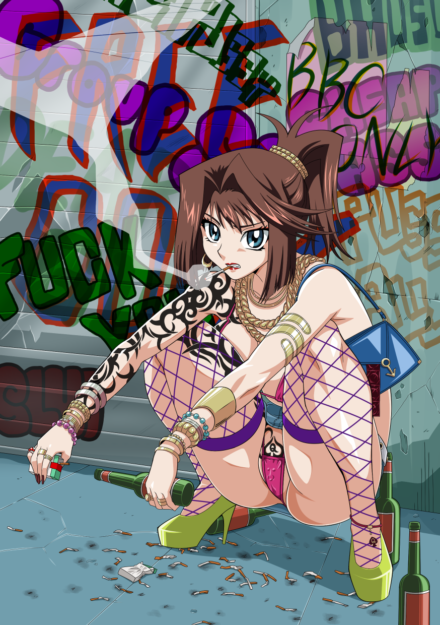 1girls, bad bitch, cameltoe, cigarette, cigarette pack, female, graffiti, gyaru, high heels, piercing, prostitution, pussy, queen of spades, shoes, smoking, solo, squatting, straw (artist), tattoo, tea gardner, tea gardner (yu-gi-oh! the dark side of dimensions), yu-gi-oh!
