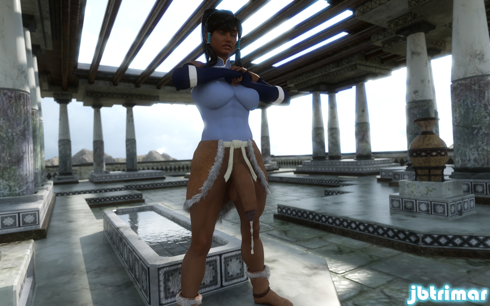 1futa, 3d, artist name, avatar legends, big penis, breasts, clothing, cum, dark skin, dark-skinned futa, dickgirl, futa only, futanari, intersex, jbtrimar, korra, medium breasts, penis, smooth skin, solo, solo futa, the avatar, the legend of korra, water tribe
