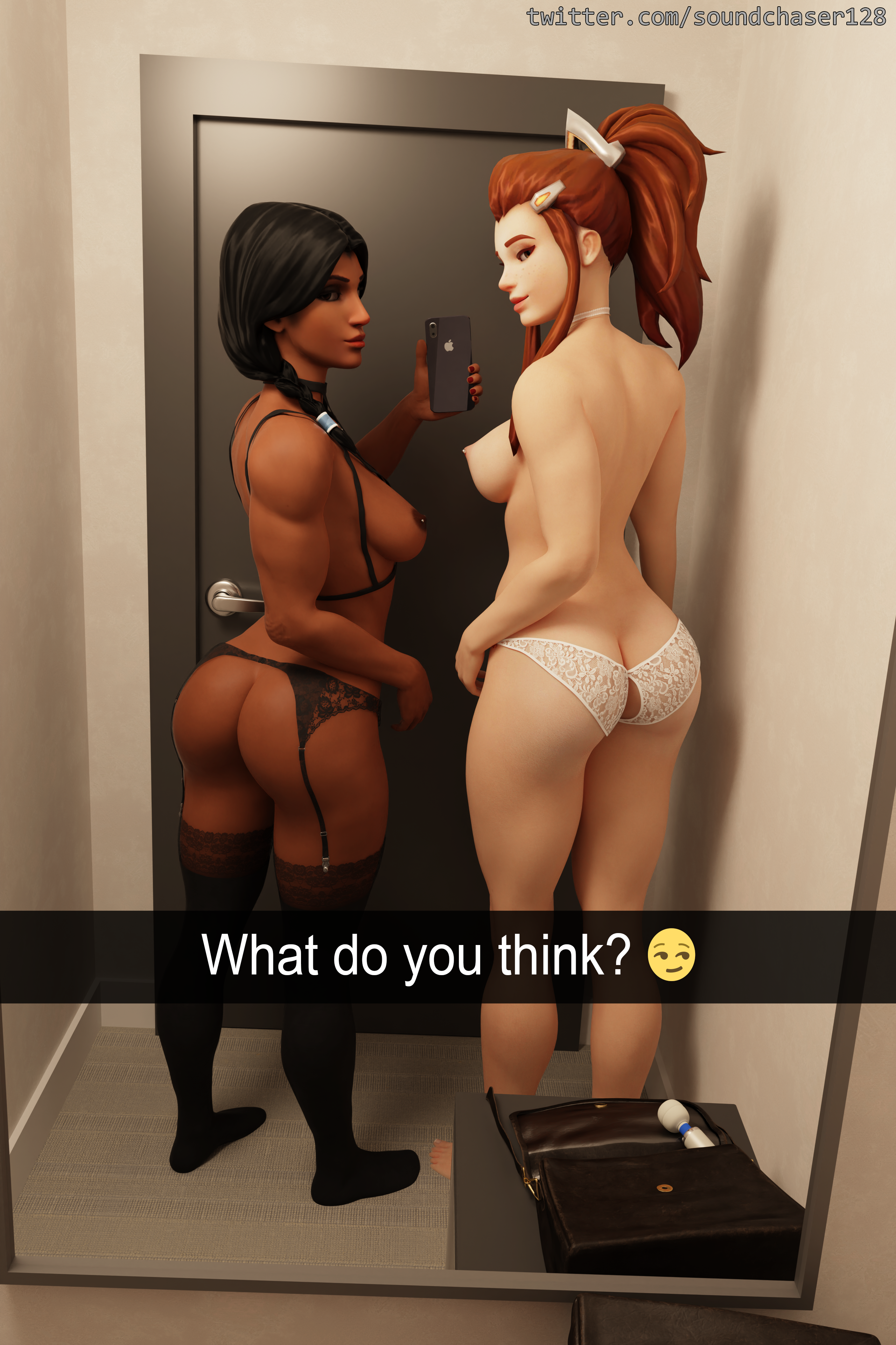 2girls, 3d, ass, brigitte, dark skin, dark-skinned female, dressing room, female, garter belt, large ass, lingerie, looking at viewer, overwatch, panties, pharah, ponytail, red hair, selfie, soundchaser128, stockings, tagme