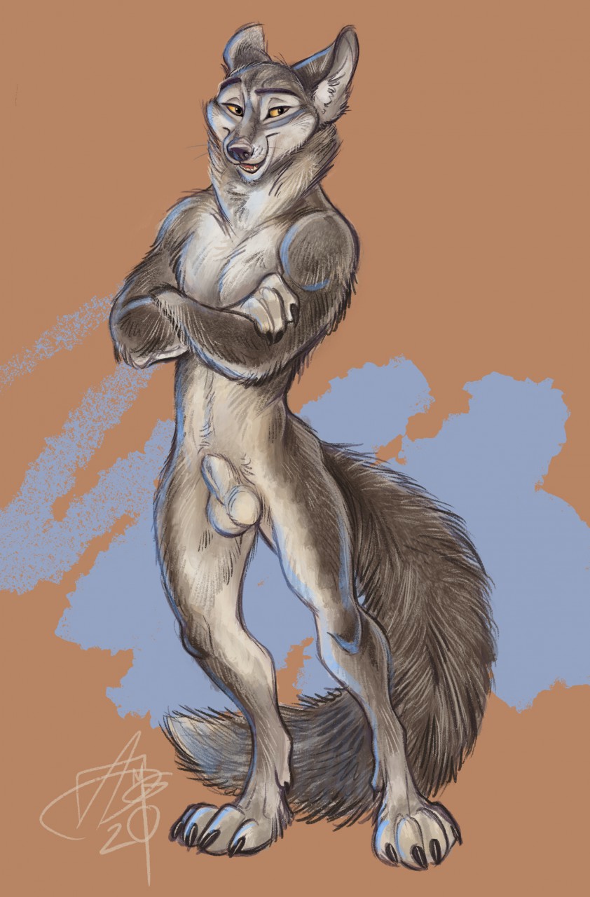 aerosaur83 animal_genitalia anthro balls canid canine fox genitals hi_res male male_only mammal nude pinup pose sheath solo