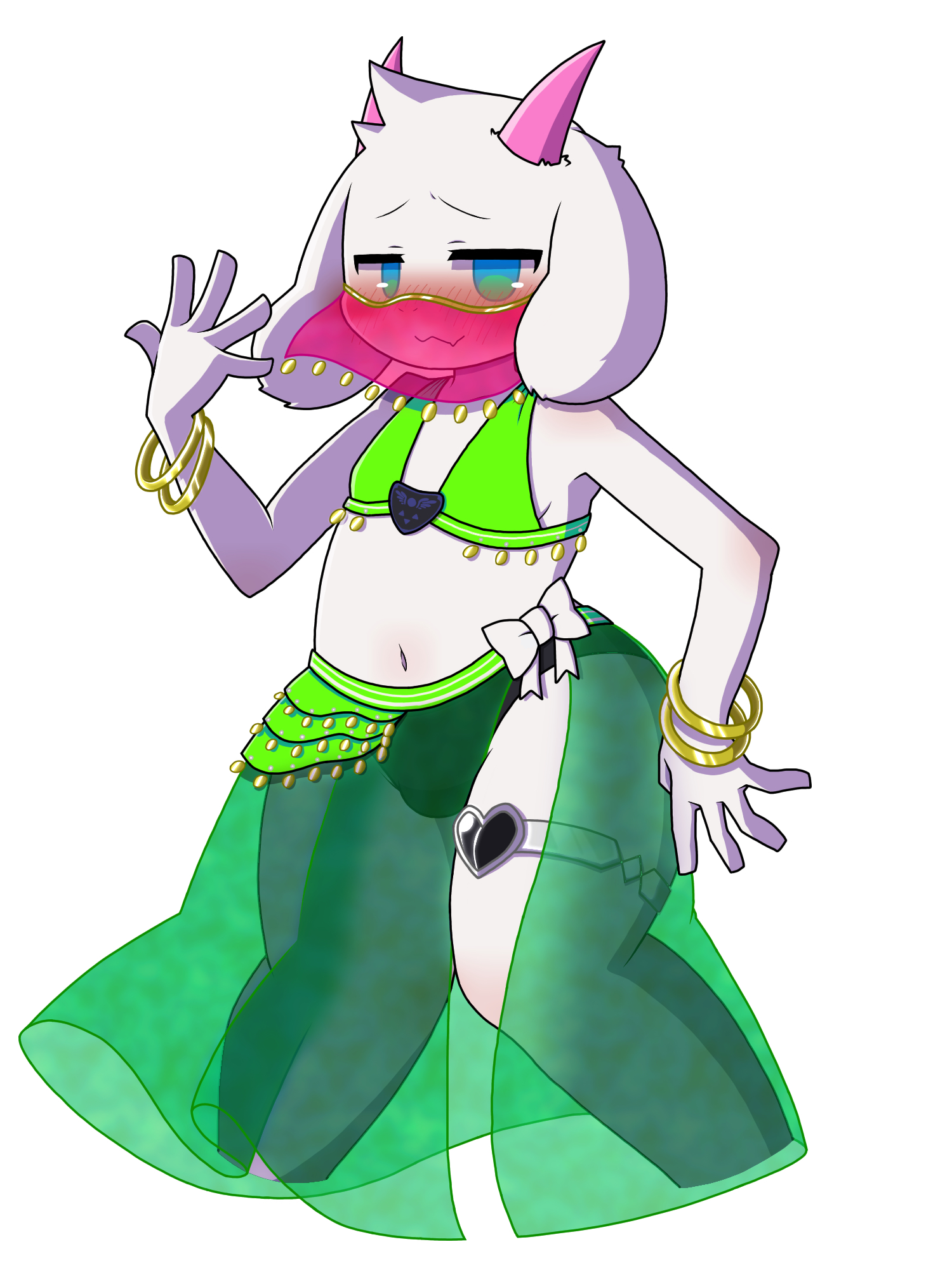 1boy, 2d, anthro, anthro male, anthro only, big hips, big thighs, blue eyes, blush, bracelets, bulge, caprine, deltarune, embarrassed, femboy, floppy ears, furry, furry male, furry only, gold bracelet, half-closed eyes, horns, humanoid, humanoid male, humanoid only, male, male only, mammal, pink horns, ralsei, solo, solo male, tagme, thigh strap, trap, undertale (series), white fur