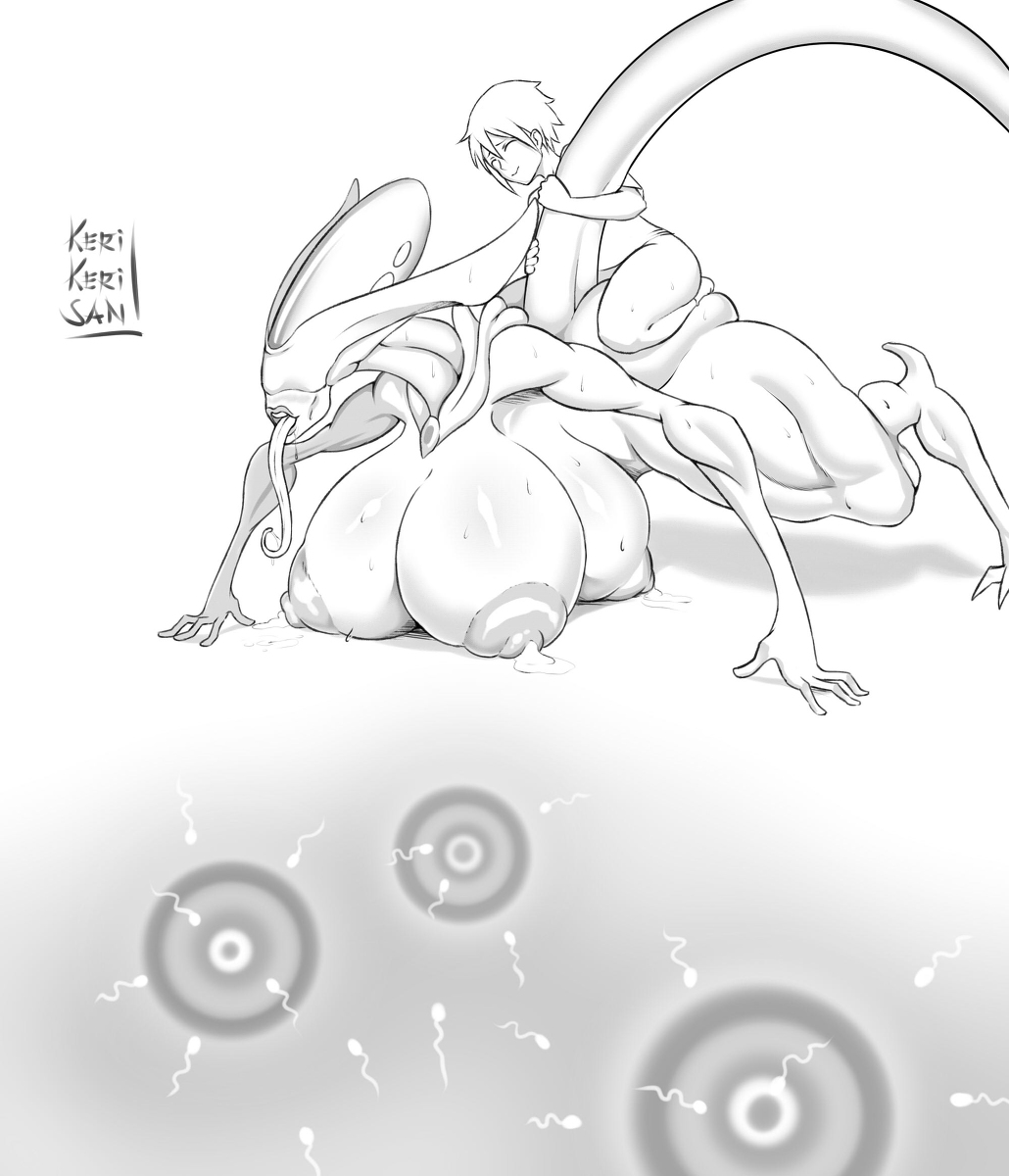 1girls, 2d, alien (franchise), alien girl, ass, big ass, breasts, fat ass, female, female xenomorph, gloves, human, lactation, large breasts, legs, milking, monster girl, multi breast, open mouth, sci-fi, tail grab, taller female, tongue, tongue out, xenomorph, xenomorph queen