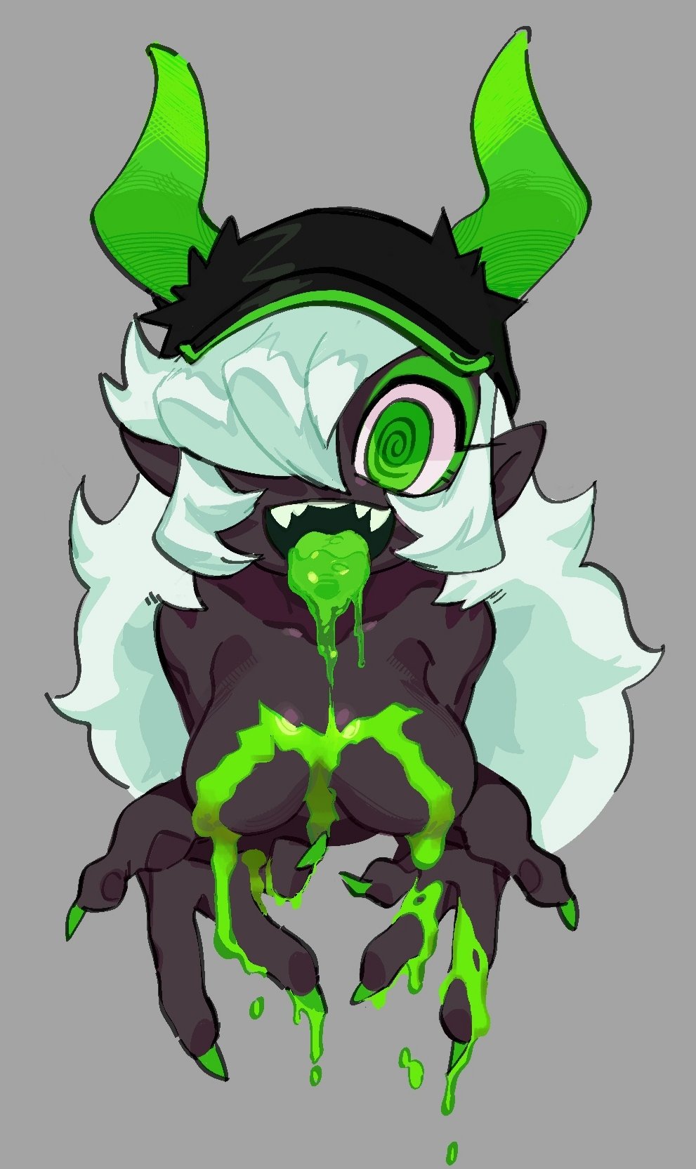 artist request, claws, dark skin, drooling, fangs, green eyes, hair over one eye, hat, horns, hypnotizing viewer, long hair, looking at viewer, monster energy, monster-chan, personification, pointy ears, saliva, sharp teeth, simple background, smile, spiral eyes, tongue, tongue out, white hair