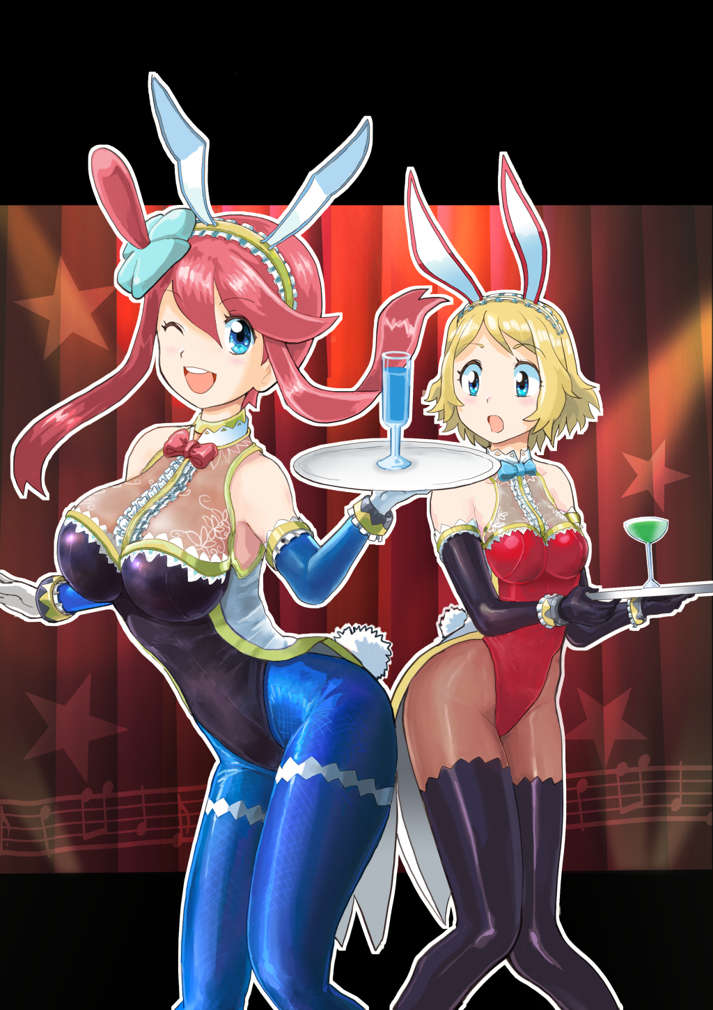 2girls, aged up, alternate breast size, alternate outfit, armpits, ass, big breasts, blue eyes, bracelet, breasts, bunny ears, bunny tail, bunnysuit, choker, cleavage, clothed, clothes, curtain, drink, eye contact, fake ears, female, fishnets, glass, gloves, hair ornament, hairband, holding, human, large breasts, lingerie, looking at viewer, musical note, nintendo, plate, pokemon, pokemon bw, pokemon xy, ribbon, see-through, serena (pokemon), short hair, skyla (pokemon), smile, thick thighs, thighhighs, waitress, wide hips, wink, メノメ