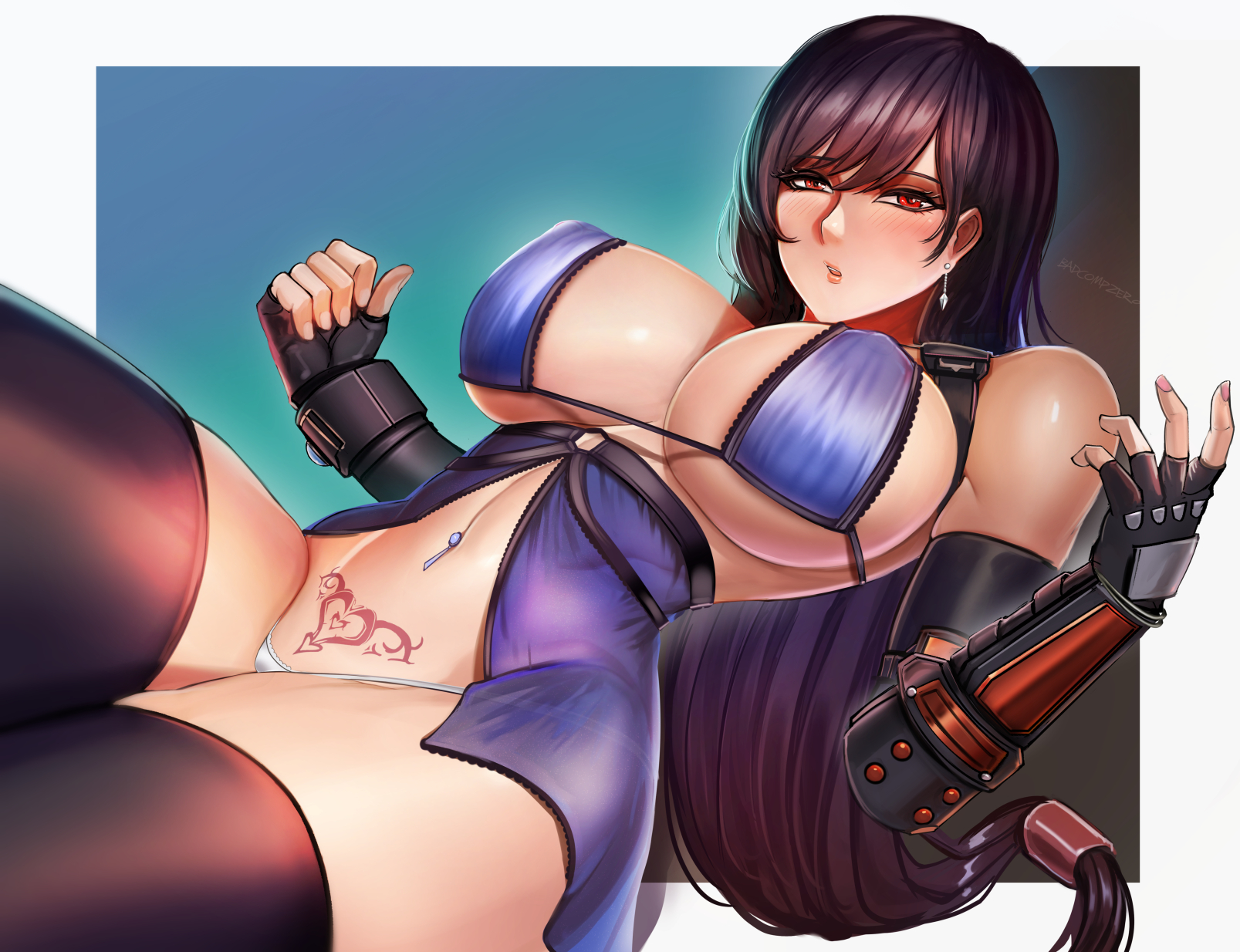 1girls, badcompzero, big breasts, breasts, cleavage, female, female only, final fantasy, final fantasy vii, large breasts, looking at viewer, solo, thighhighs, tifa lockhart