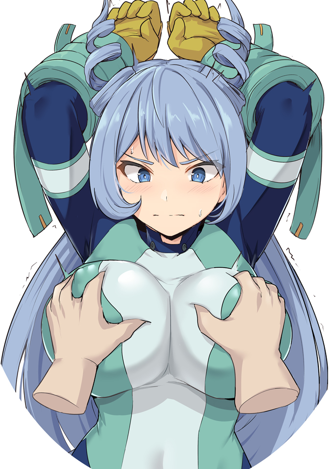 1girls, blue eyes, blue hair, blue-haired female, blush, blush lines, blushing, bodysuit, breast grab, breasts, clothed, clothed female, female, female human, groping, hadou nejire, hadou nejire (hero outfit), hands on breasts, hero outfit (mha), human, my hero academia, nejire hado, nejire hado (hero outfit), questionable consent, shiseki hirame, superhero costume, superheroine