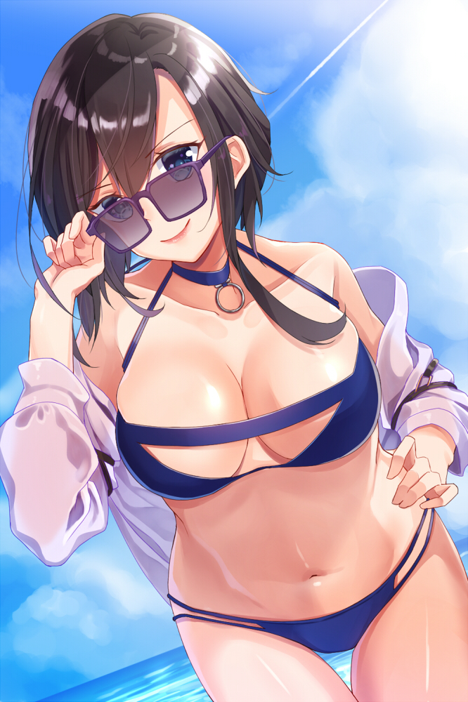 adjusting_eyewear adjusting_glasses ark_royal_(azur_lane) ark_royal_(coast_watcher)_(azur_lane) azur_lane bikini black_hair blue_bikini blue_eyes breasts choker cleavage collarbone eyebrows_visible_through_hair female female_focus female_only hair_between_eyes hand_on_hip highres large_breasts leaning_forward long_hair looking_over_eyewear looking_over_glasses navel off-shoulder_shirt see-through smile solo solo_female solo_focus sunglasses swimsuit tagme thigh_gap thigh_strap tinted_eyewear