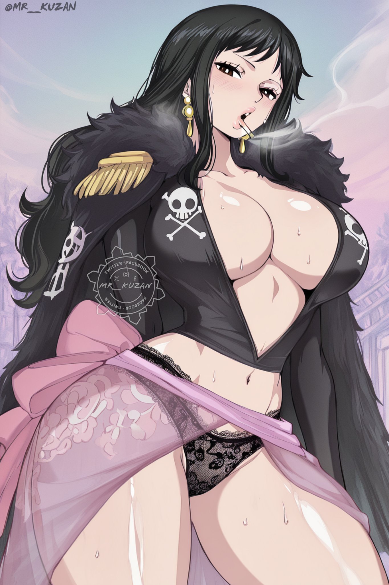 1girls, ai generated, bare legs, bare thighs, big breasts, black hair, black-haired female, breasts, cigarette, clothed, clothing, color, female, female focus, female only, hi res, large breasts, light skin, light-skinned female, long hair, one piece, shakuyaku, shounen jump, smoking, solo, solo female, sweat, thick thighs
