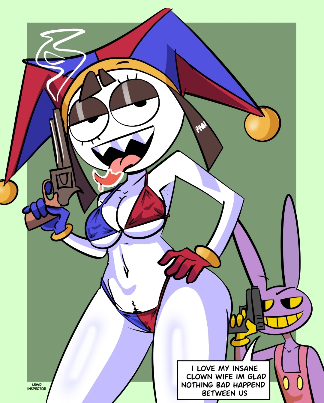 2d, 2d artwork, bikini, bikini only, brown hair, brown-haired female, color, colored, female, glitch productions, gooseworx, green background, gun, guns, hand, hand on hip, holding, holding gun, holding guns, holding object, holding weapon, jax, jax (tadc), jax (the amazing digital circus), jester, jester hat, lewd inspector, mouth, open mouth, pomni, pomni (tadc), pomni (the amazing digital circus), pubic hair, pubic hair peek, sharp teeth, tadc, teeth, teeth showing, text, text bubble, the amazing digital circus, tongue, tongue out, watermark, white, white body, white skin, white skinned female