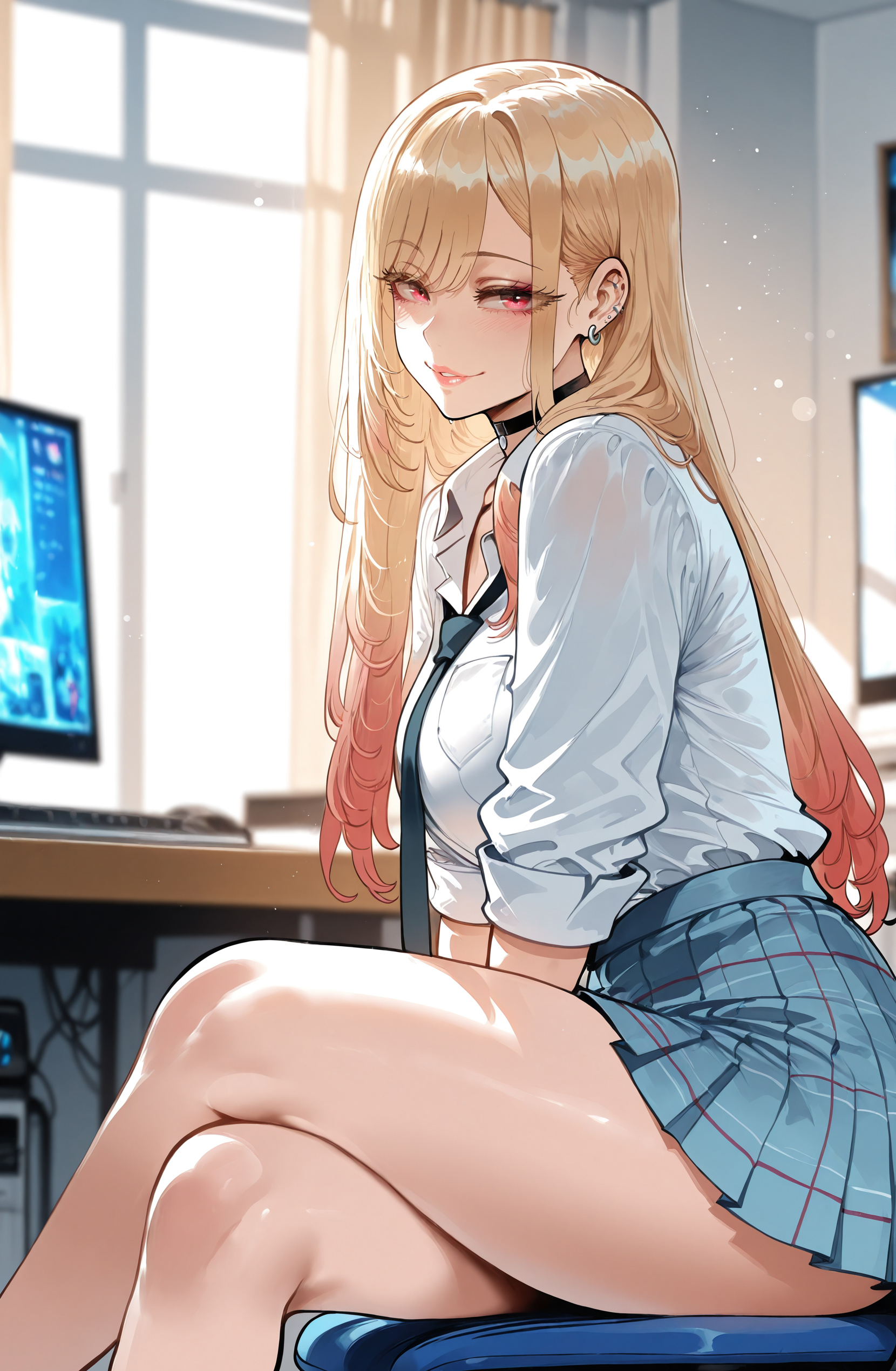 1girls, ai generated, barbell piercing, black choker, blonde hair, blue skirt, blush, breasts, chair, choker, clothing, collared shirt, colored tips, computer, crossed legs, curvaceous, curvaceous female, curvaceous figure, curvy, curvy figure, ear piercing, earrings, female, female focus, female only, gradient hair, gyaru, indoors, inviting, jewelry, kitagawa marin, large breasts, legs, lips, long hair, long sleeves, looking at viewer, miniskirt, miyuai, monitor, multicolored hair, necktie, piercing, plaid, plaid skirt, pleated skirt, presenting, presenting ass, presenting hindquarters, presenting self, red eyes, red hair, school uniform, seductive, seductive look, seductive smile, shirt, shirt tucked in, sitting, skirt, sleeves rolled up, smile, solo, sono bisque doll wa koi wo suru, thighs, uniform, voluptuous, voluptuous female, white shirt, window
