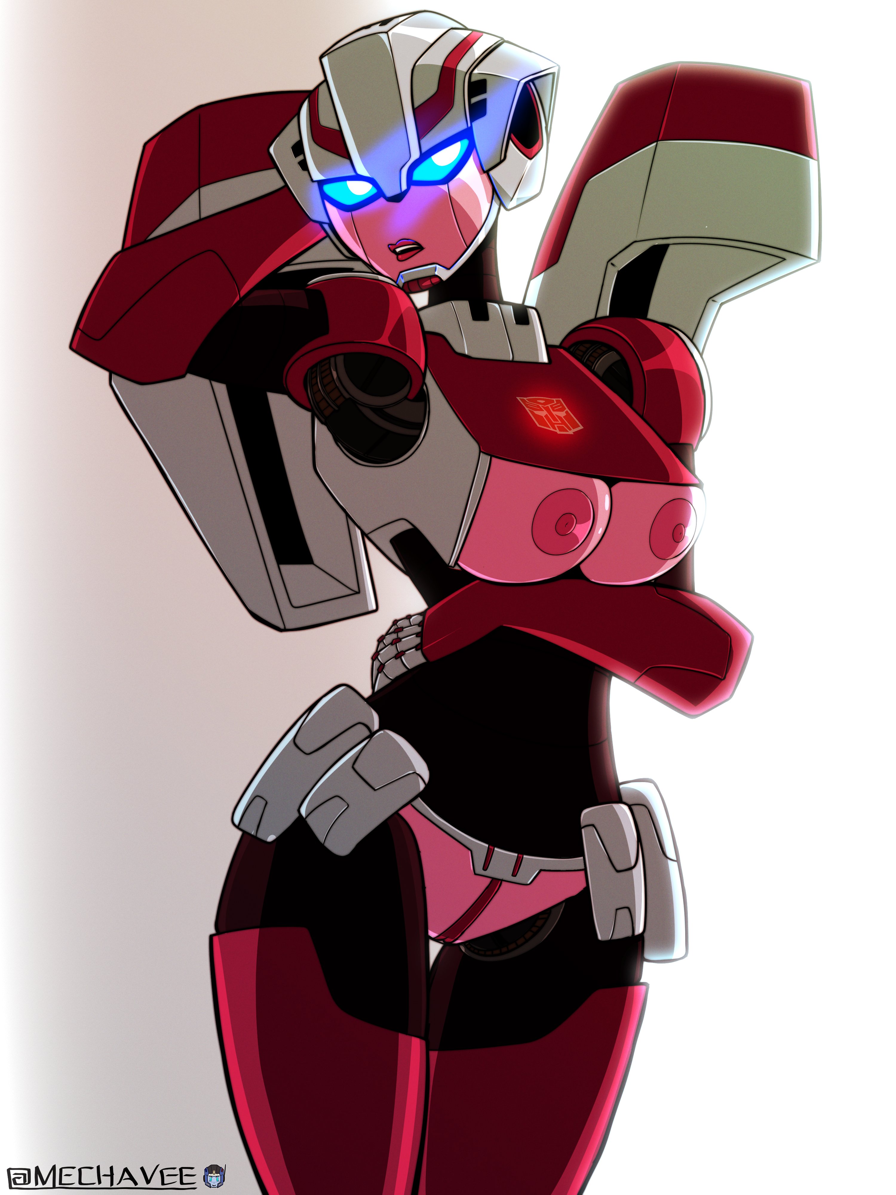 arcee, arcee (tfa), breasts, female, mechavee, robot girl, showing breasts, transformers, transformers animated