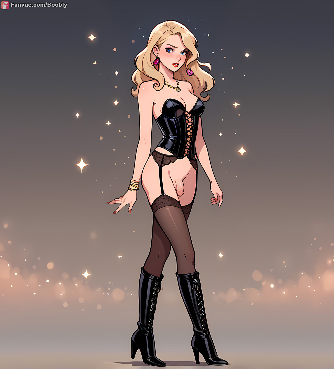 1futa, ai generated, balls, blonde hair, blue eyes, boobly, boots, breasts, celebrity, corset, flaccid penis, full body, futanari, garter straps, intersex, medium breasts, penis, red lipstick, solo, standing, stockings, taylor swift, testicles