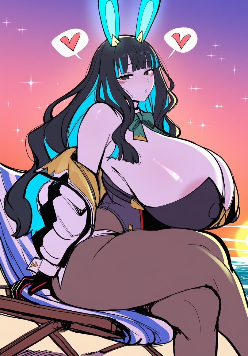 1girls, ai generated, areola slip, areolae, black gloves, black hair, blue hair, blush, breasts, bunny ears, bunnysuit, cleavage, crossed legs, fake animal ears, fate (series), fate/grand order, female, female only, gloves, heart, huge breasts, long hair, looking at viewer, multicolored hair, nipple bulge, sabaento, spoken heart, sunset, tenochtitlan (fate), thick thighs, tlaloc (fate)