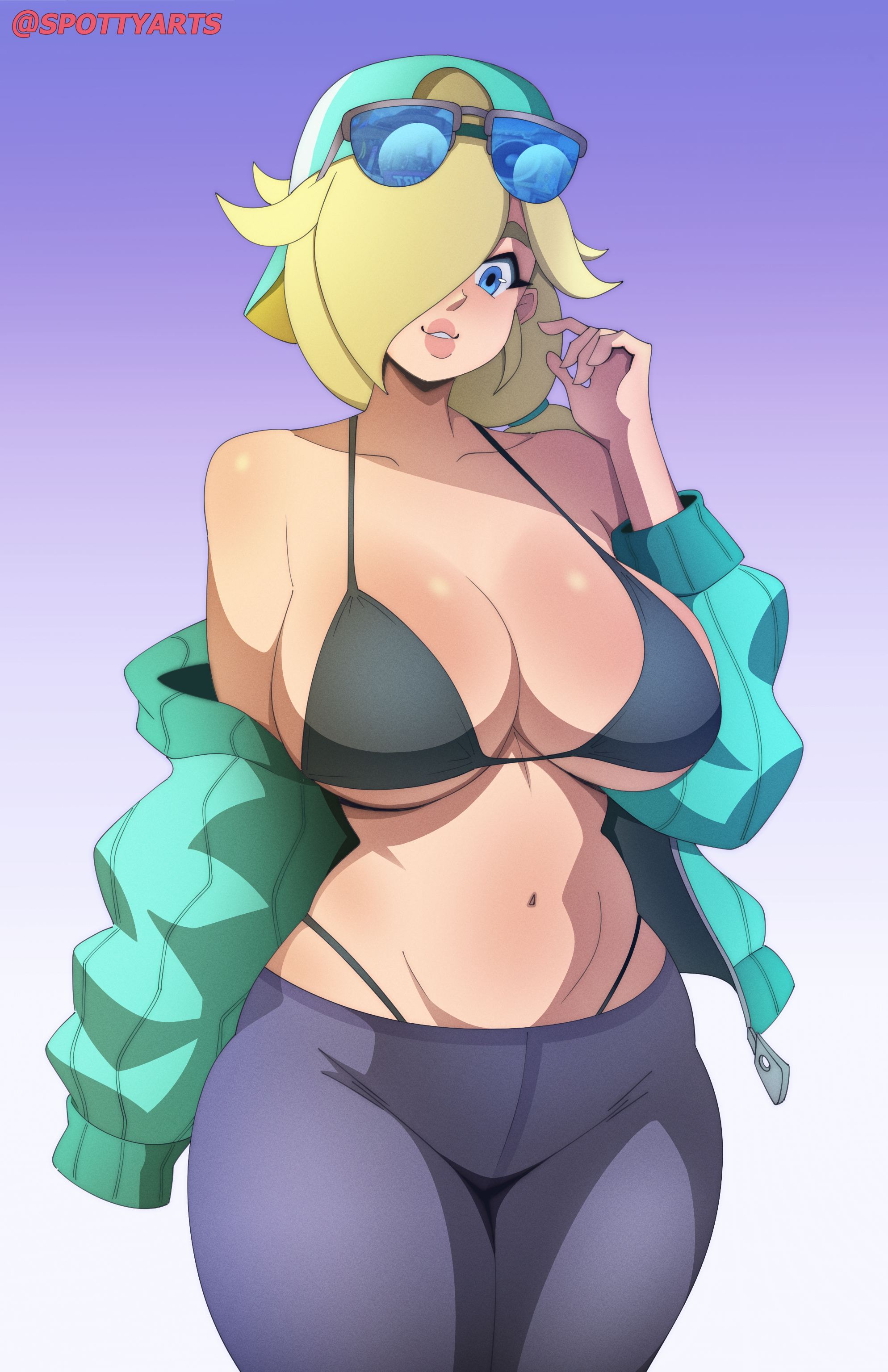 alternate costume, backwards hat, bikini, leggings, mario (series), mario kart world, pinup, princess rosalina, princess rosalina (touring), spottyartslewd, sunglasses, sweater, uncensored