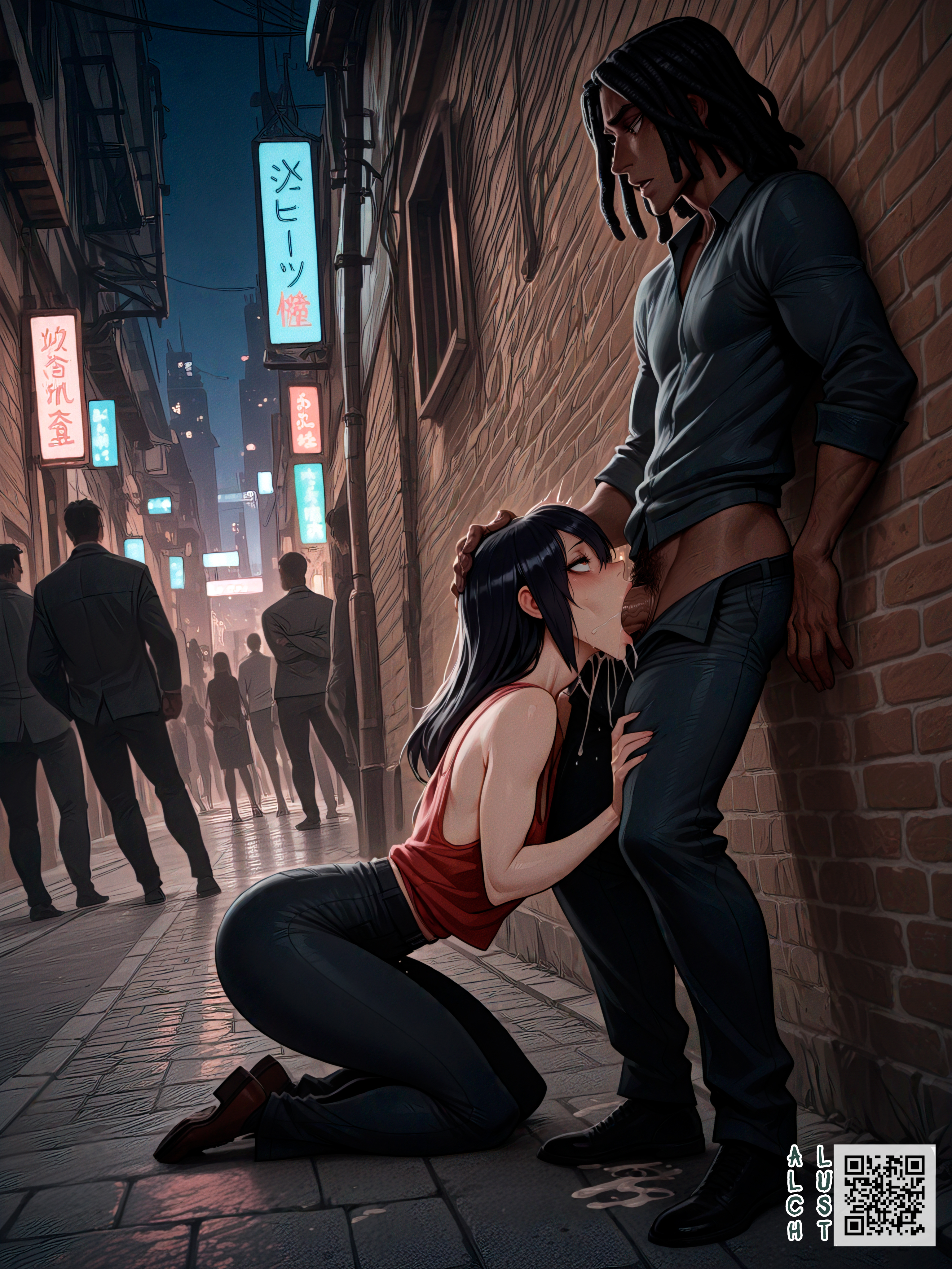 1girls, ai generated, alley, azusa nakano (k-on!), backalley, black hair, dark-skinned male, deepthroat, fellatio, female, fucked silly, hair grab, interracial, k-on!, lustalch, lustarch, male, outdoor fellatio, outdoors