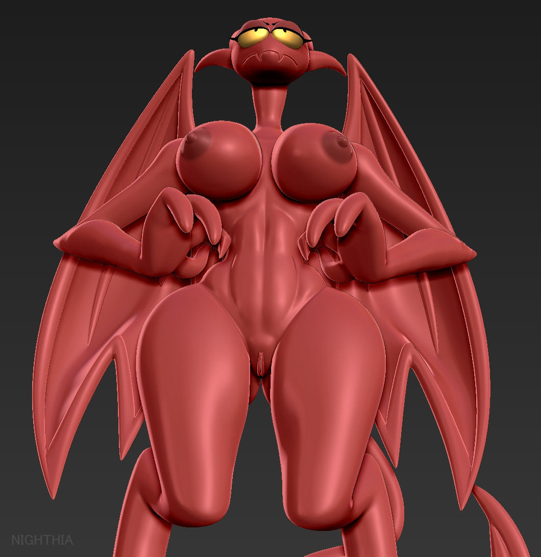 3d 3d_(artwork) anthro breasts demon digital_media_(artwork) dragon female genitals humanoid lucia_(satina) mature_female model nighthia nude pussy red_body red_skin satina_wants_a_glass_of_water solo wings yellow_eyes zbrush