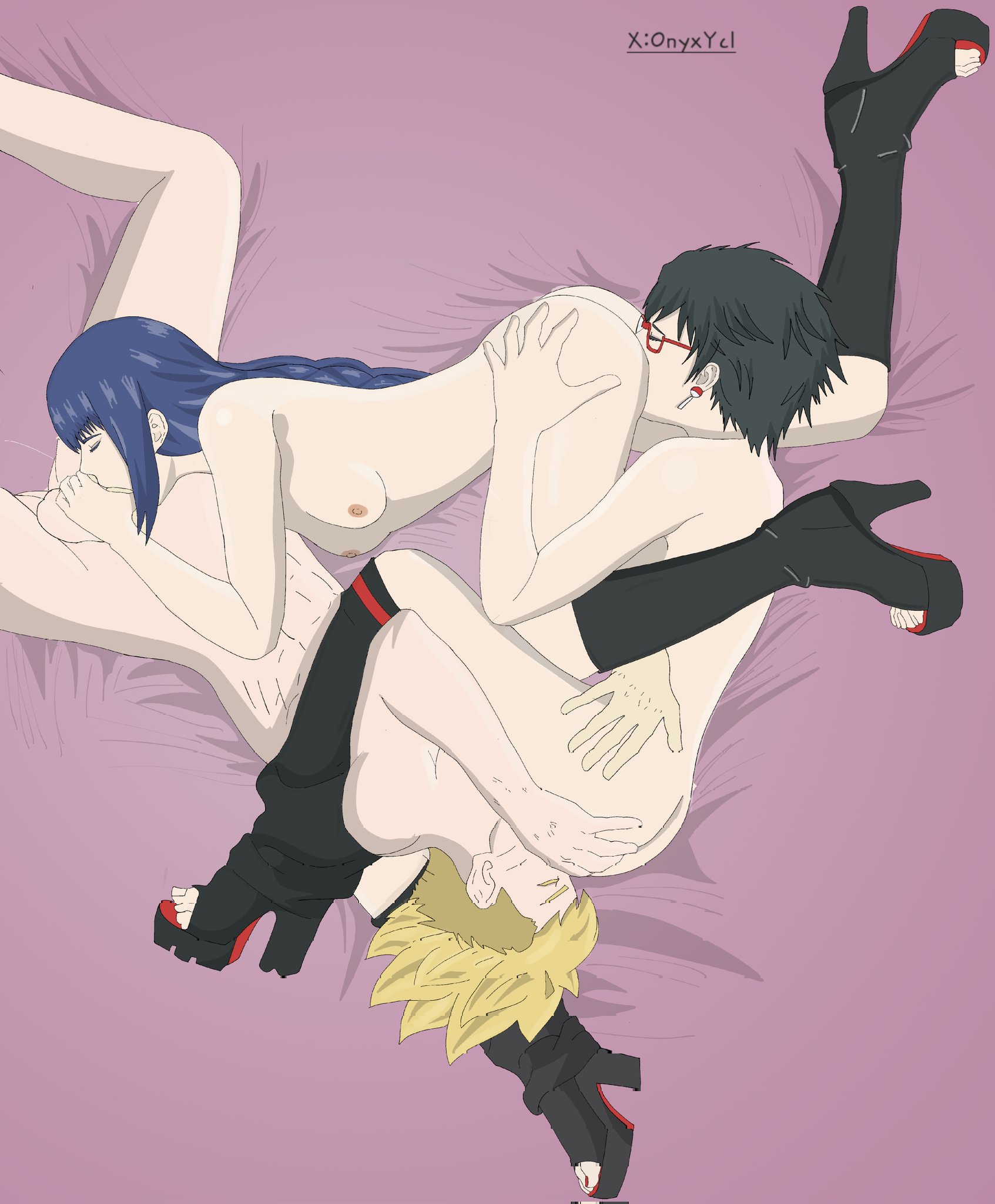 1boy, 2girls, ass, bisexual, bisexual female, black hair, black heels, black high heels, blowjob, boruto: two blue vortex, breasts, cock worship, cunnilingus, fellatio, female, glasses, heels, high heels, kakei sumire, long hair, male, messy hair, mmf threesome, multiple girls, naruto, naruto (series), onyxycl, oral, oral sex, purple hair, sarada uchiha, short hair, threesome, uchiha sarada, uzumaki boruto