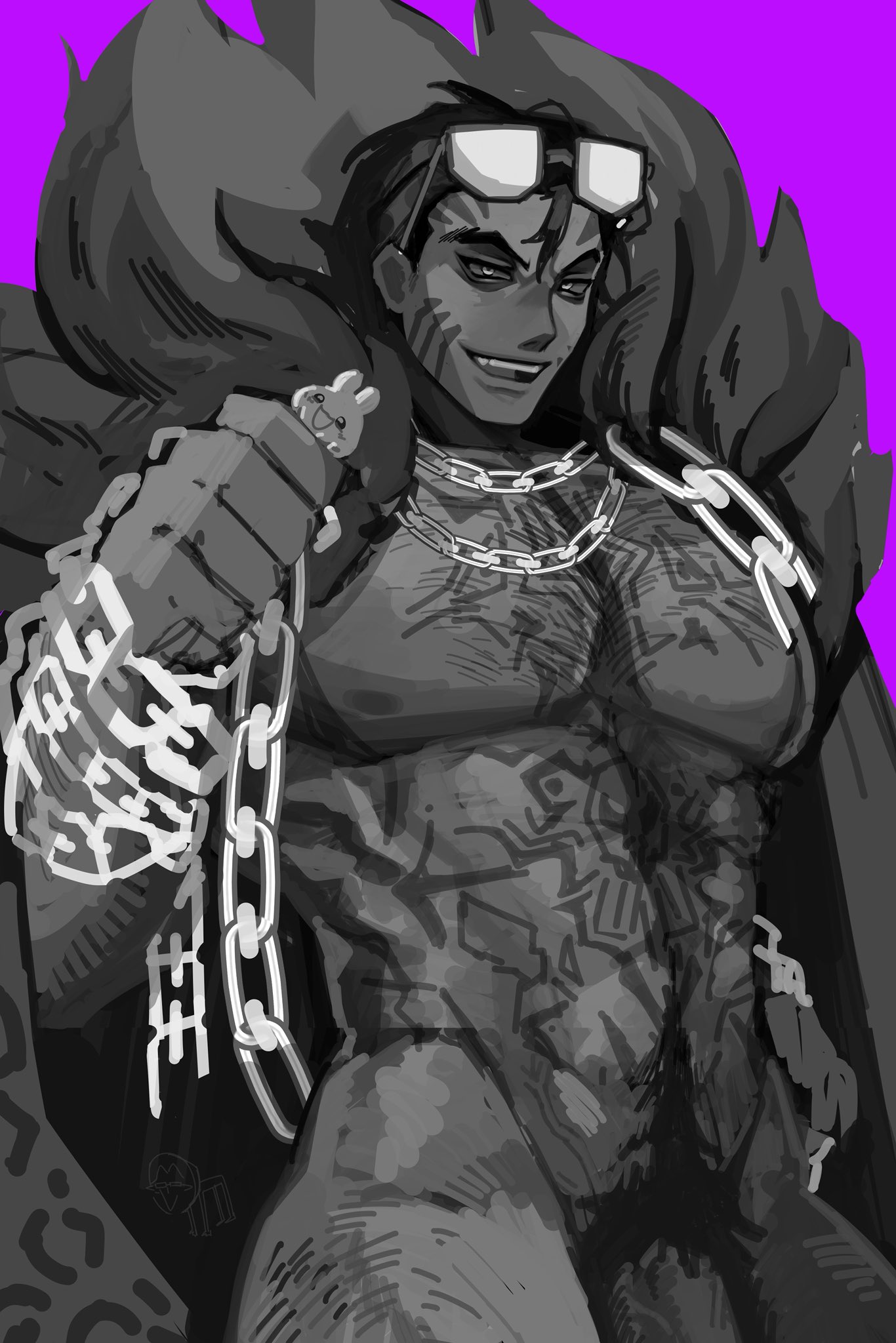 1boy, bara, bara tits, beannibun, body hair, breasts, chains, chest hair, chest tattoo, coat, coat on shoulders, coat only, fat cock, fat tits, feet out of frame, fist, gay, huge chest, limbus company, looking at viewer, male, male focus, male only, muscular, muscular chest, muscular male, naked, nude, nude male, penis, plushie, project moon, pubic hair, purple background, ricardo (limbus company), six pack, solo, sunglasses, sunglasses on head, tattoo, tough guy, uncensored, voluptuous male, yaoi
