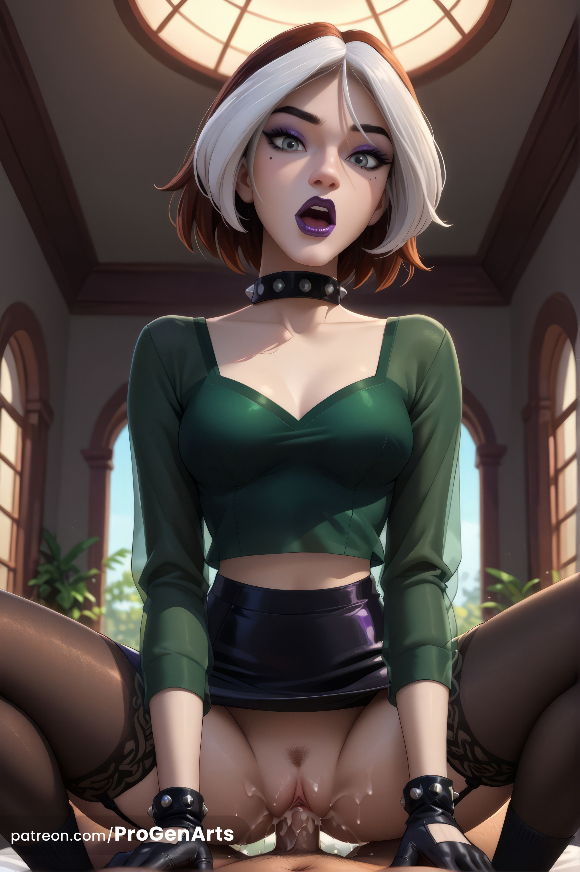 1boy, 1boy1girl, 1girls, ai generated, anna marie, artist name, black gloves, black pubic hair, black skirt, black thighhighs, breasts, brown hair, cleavage, clothed female nude male, clothed sex, collar, collarbone, cowgirl position, crop top, cum, disney xd, eyeshadow, female, female pubic hair, gloves, green shirt, grey eyes, hi res, indoors, kids wb, lipstick, long sleeves, looking at viewer, makeup, male, marvel, marvel animated universe, marvel comics, medium breasts, mole, mole under eye, multicolored hair, nude, patreon username, penis, pov, progenarts, pubic hair, purple lips, pussy, pussy juice, rogue (evolution), rogue (x-men), sex, shirt, short hair, skirt, solo focus, spiked collar, spikes, spread legs, squatting cowgirl position, straddling, straight, thighhighs, two-tone hair, uncensored, vaginal penetration, vaginal sex, web address, white hair, x-men, x-men evolution