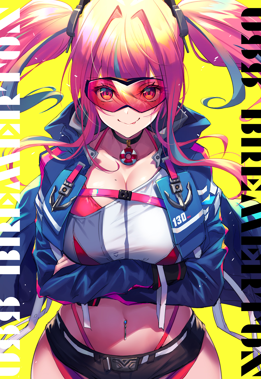 :p arms_under_breasts azur_lane bangs belt bikini bikini_under_clothes black_choker black_shorts blue_jacket breasts bremerton_(azur_lane) character_name choker closed_mouth collarbone crop_top crossed_arms eyebrows_visible_through_hair eyes_visible_through_hair eyewear female female female_only fukai_ryousuke hair_between_eyes hair_ornament headgear highleg highleg_bikini highres hood hood_down jacket large_breasts licking_lips long_hair long_sleeves looking_at_viewer midriff mole mole_on_breast multicolored_hair multicolored_shirt navel navel_piercing piercing pink_bikini pink_eyes pink_hair red-tinted_eyewear shirt short_shorts shorts smile solo standing streaked_hair sunglasses swimsuit tinted_eyewear tongue tongue_out twintails visor yellow_background