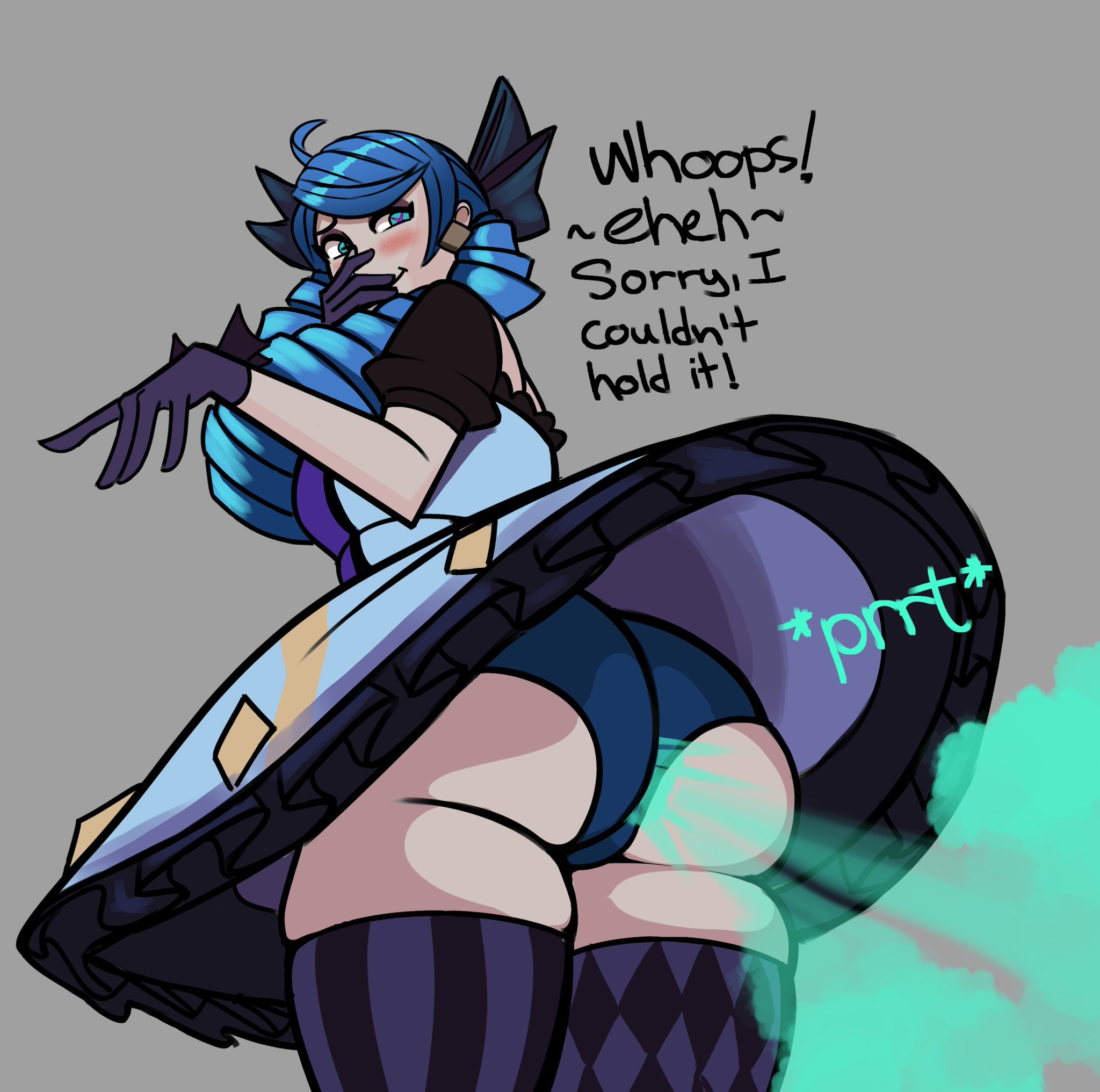 1girls, big ass, blue eyes, blue hair, bubble butt, covering nose, enjoying farting, fart, fart cloud, fart fetish, farting, fat ass, female, gwen (league of legends), heart-shaped pupils, league of legends, lolotron, looking at viewer, looking back, thighhighs, unusual fart, upskirt