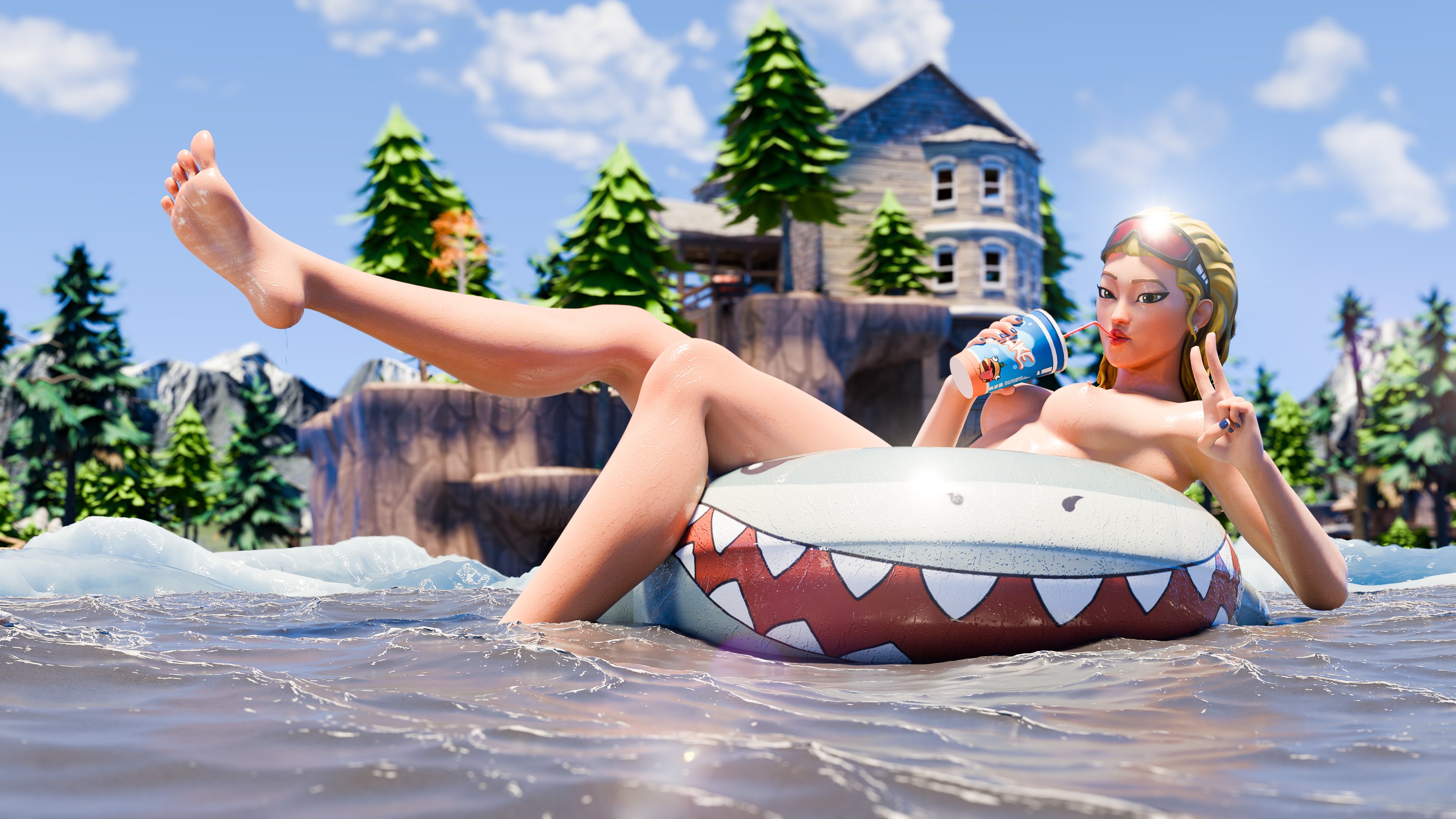 1girls, breasts, breasts out, completely nude, drinking, female, female focus, female only, fortnite, fortnite: battle royale, glasses, lake, medley (fortnite), nude, nude female