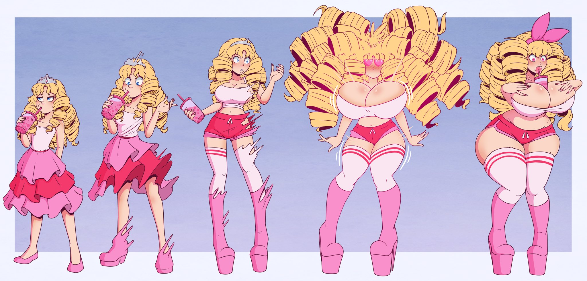 age progression, ass expansion, bimbo, bimbofication, blonde, blonde hair, blonde-haired female, boba tea, brain drain, breast expansion, breast growth, breast growth (enlargement), breasts, caelia, clothing, curvaceous, curvy, curvy figure, expansion, female, female only, hips, hourglass figure, huge ass, huge breasts, hypnosis, legs, mind control, pink clothing, slim waist, solo, thick, thick legs, thick thighs, thighs, transformation, transformation sequence, voluptuous, waist, wide hips, wrenzephyr2