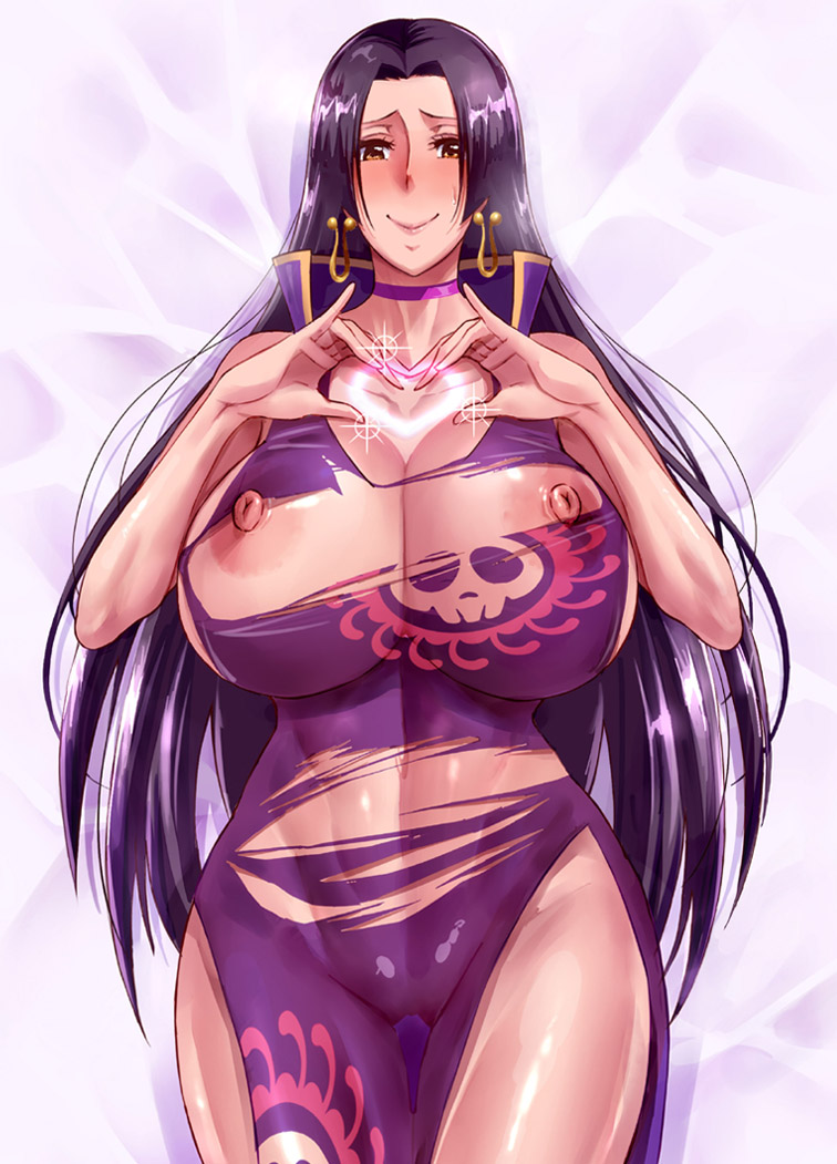 1girls, big breasts, black hair, blush, blushing, boa hancock, breasts, dress, female, female only, haikawa hemlen, large breasts, long hair, looking at viewer, nipples, no bra, no panties, on back, one piece, ripped clothing, see-through, smiling, solo, sweat, torn clothes