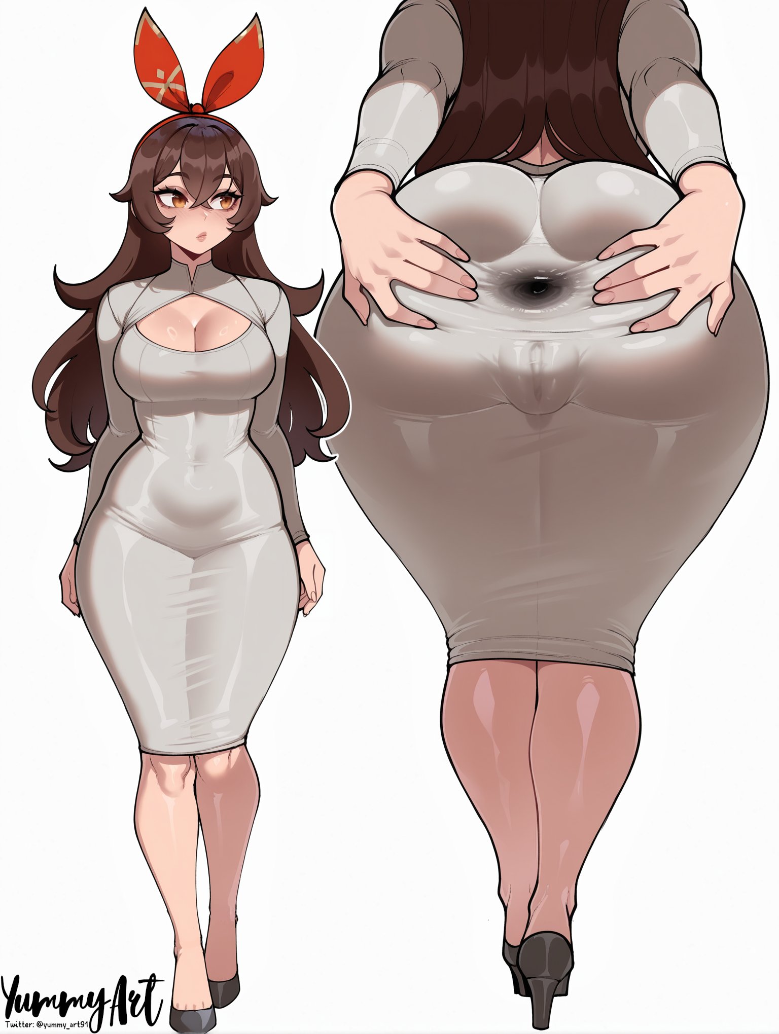 1girls, ai generated, amber (genshin impact), anus focus, anus outline, anus visible through clothes, ass, big ass, breasts, cameltoe, dress, female, female focus, female only, genshin impact, high heels, large ass, large breasts, solo, thighs, tight clothing, white background, wide hips, yummyart