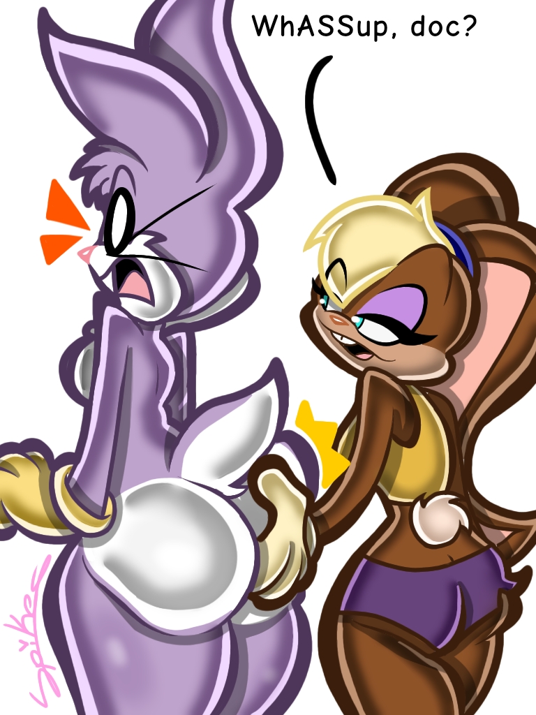 1femboy, big ass, brown fur, bugs bunny, butt slap, clothed female nude male, dialogue, dominant female, female, femboy, fembugs bunny, lola bunny, looney tunes, male, no sex, purple fur, self upload, shocked expression, spanking, spanking ass, standing, two-tone fur, wabbix toons, warner bros, warner brothers