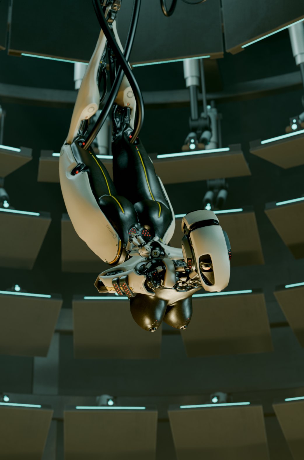 1 eye, 1girls, 3d, ass, big breasts, breasts, breasts out, female, glados, glados (humanoid), glados (thiccythings), hanging breasts, hanging from ceiling, huge ass, one eye obstructed, portal (series), robot, robot girl, robot humanoid, solo, thiccythings, upside-down