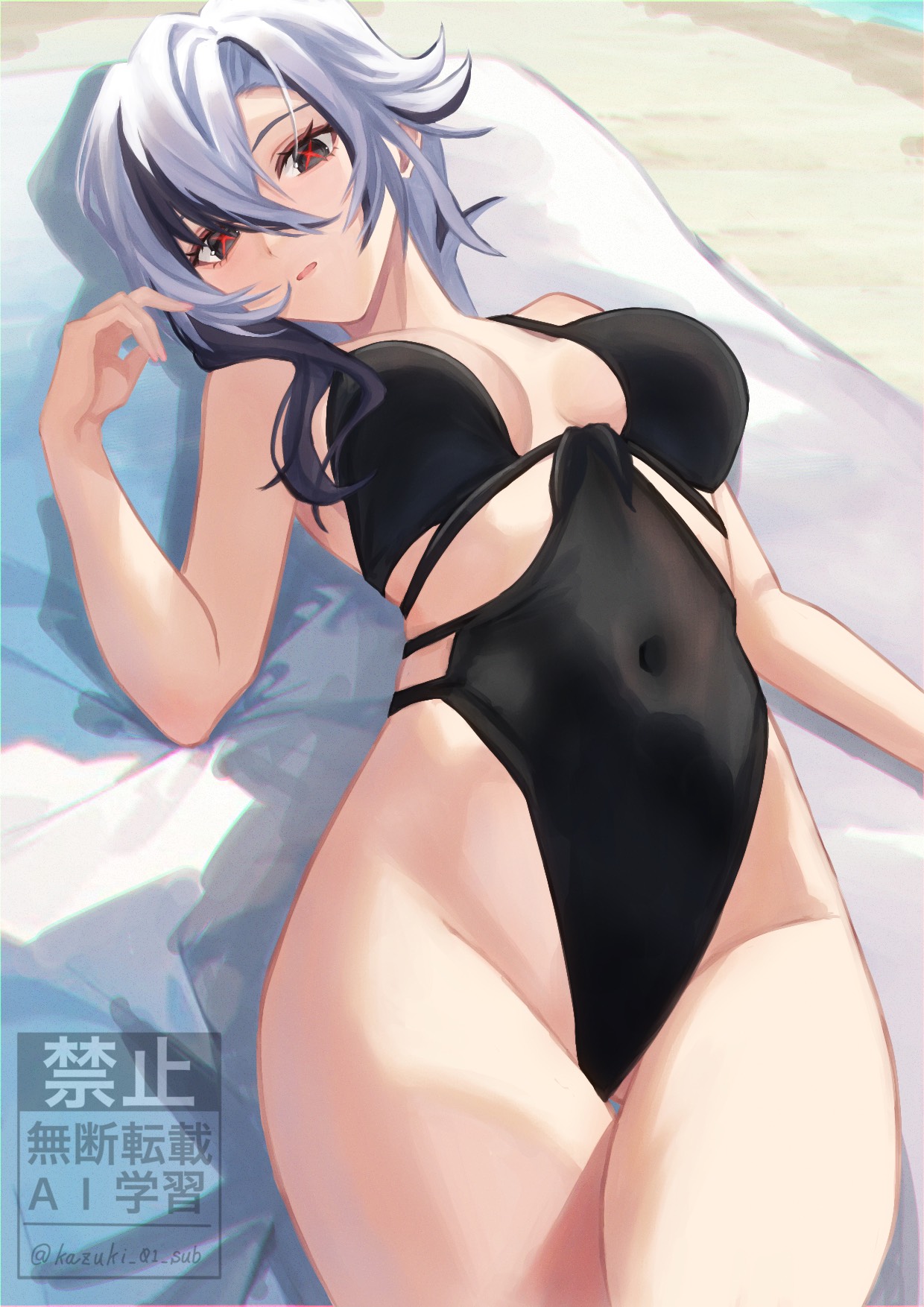 2d, 2d (artwork), alternate costume, arlecchino (genshin impact), beach, big breasts, black hair, black swimsuit, breasts, day, female, genshin impact, high resolution, highres, hoyoverse, kazuki 01 sub, light skin, light-skinned female, looking at viewer, lying, lying on back, mature, mature female, mihoyo, outdoors, sand, sexy, slim female, swimsuit, two-tone hair, white hair