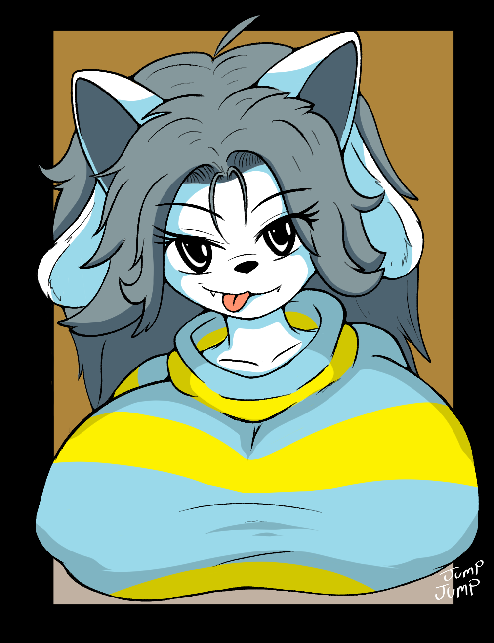 2019 anthro big_breasts black_nose breasts brown_background canid canine canis clothed clothed_paizuri clothing domestic_dog eyelashes fangs felid feline female fur furry furry_only grey_hair hair hi_res huge_breasts jumparoundjumpjump jumpjump large_breasts looking_at_viewer mammal nipple_outline paizuri shirt simple_background smile solo striped_shirt tem temmie_(undertale) tongue tongue_out topwear undertale undertale_(series) video_games white_body white_eyes white_fur