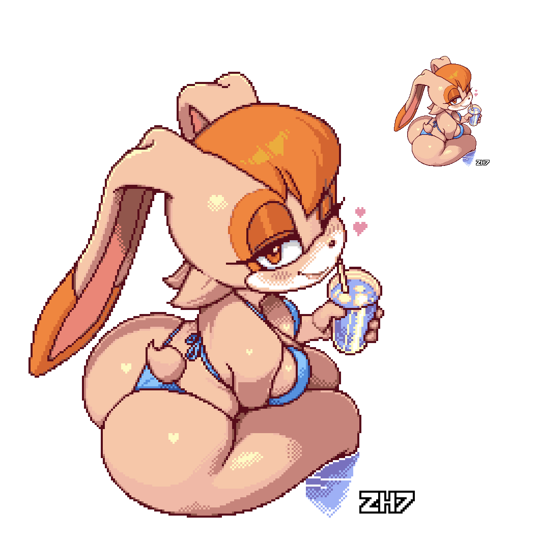 1girls, animal ears, animal tail, anthro, ass, big ass, big breasts, bikini, bikini bottom, bikini top, blue bikini, blush, bottomwear, breasts, brown eyes, brown hair, bunny ears, bunny girl, bunny tail, close-up, drink, female, female only, hair, half-closed eyes, heart, holding drink, huge ass, lagomorph, mature, mature female, mature woman, milf, mother, one eye closed, pixel art, sega, smile, solo, solo female, sonic (series), sonic the hedgehog (series), swimwear, tail, topwear, transparent background, vanilla the rabbit, wink, winking, zh7even