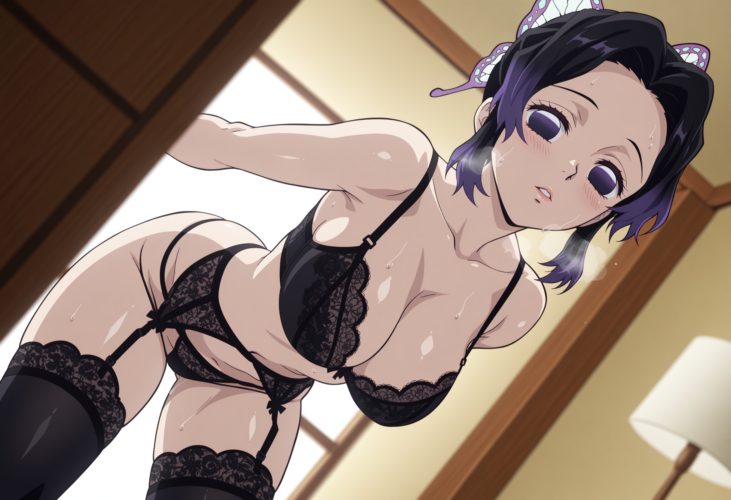 1girls, ai generated, black bra, black hair, black legwear, black panties, blush, bra, breasts, butterfly hair ornament, cleavage, collarbone, demon slayer, female, garter belt, gradient hair, hair ornament, indoors, kawaani, kimetsu no yaiba, kochou shinobu, lace, lace-trimmed bra, large breasts, leaning forward, lingerie, looking at viewer, multicolored hair, navel, panties, parted lips, purple eyes, purple hair, short hair, solo, sweat, tagme, thighhighs, underwear, underwear only