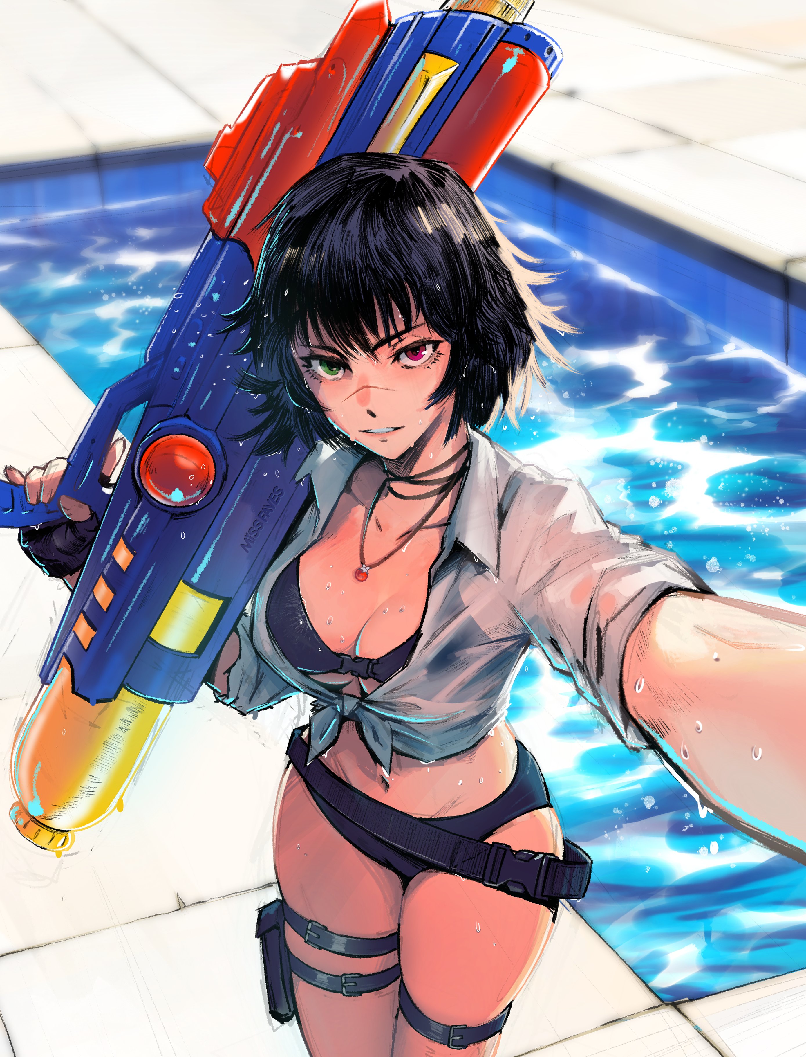 1girls, 2025, 2d, 2d (artwork), black hair, black swimsuit, cleavage, devil may cry, devil may cry (series), female, female only, green eyes, heterochromia, human, human only, lady (devil may cry), light skin, light-skinned female, missfaves, pool, questionable, red eye, scar, selfie, short hair, solo, solo female, super soaker, swimming pool, swimsuit, watergun, wet, wet clothes